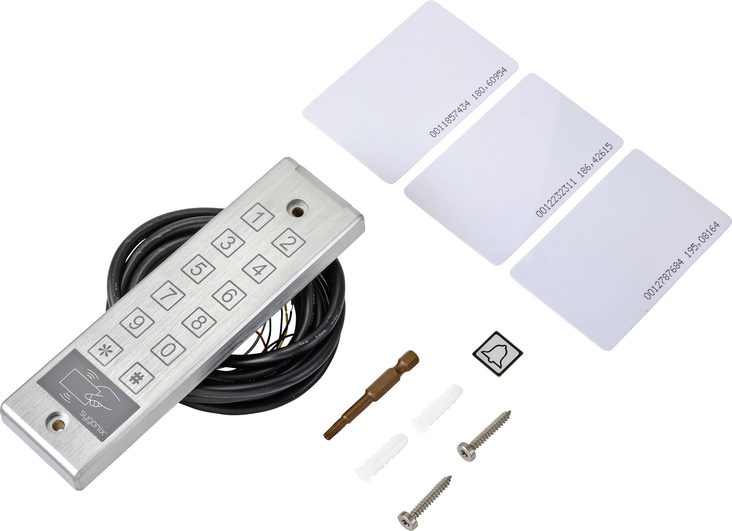 Elektronisches Türschloss-Set mit Tastenfeld, Kabel, Kartenlesegerät und drei RFID-Karten, Montageschrauben und Werkzeug.