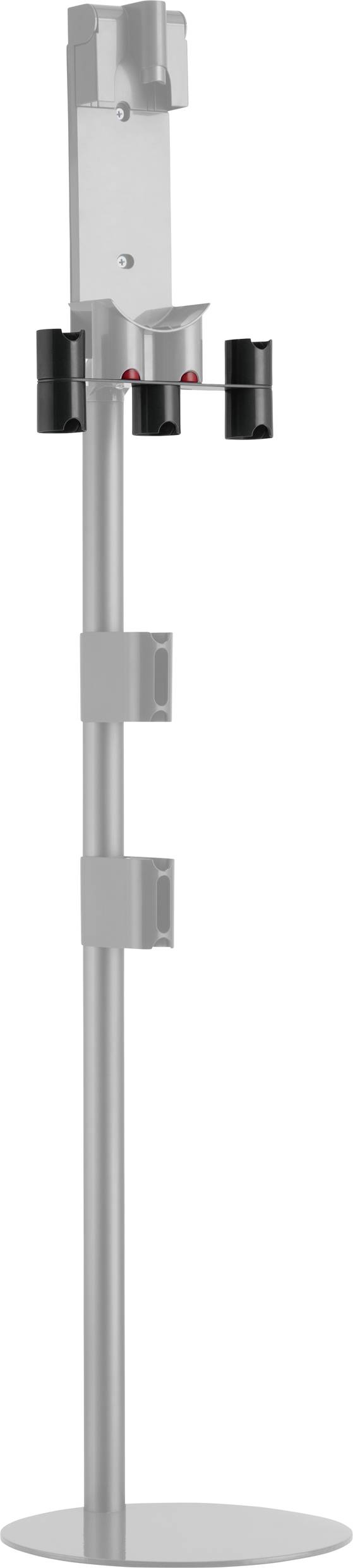 Ein metallischer Ständer mit Halterungen in verschiedenen Höhen, geeignet für Geräte oder Zubehörmontage, auf einer runden Basis.