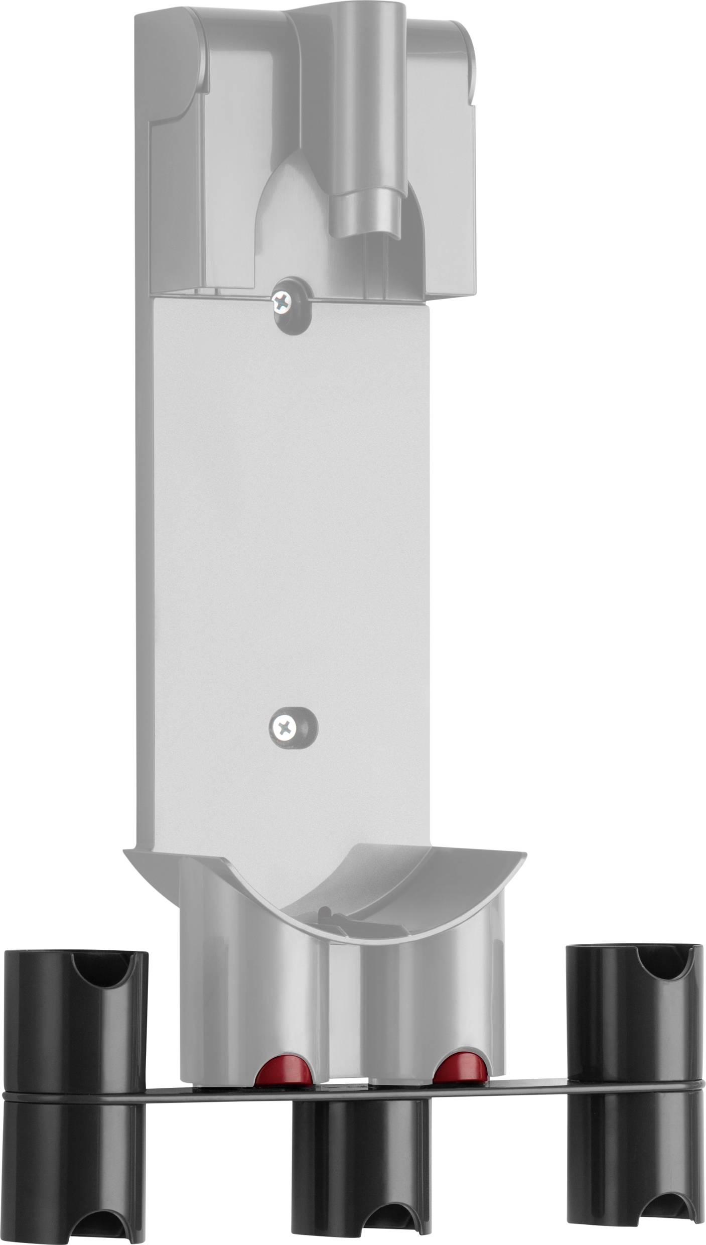 Wandhalterung für einen Staubsauger mit drei Befestigungen für Zubehör, aus Kunststoff, zur platzsparenden Lagerung.