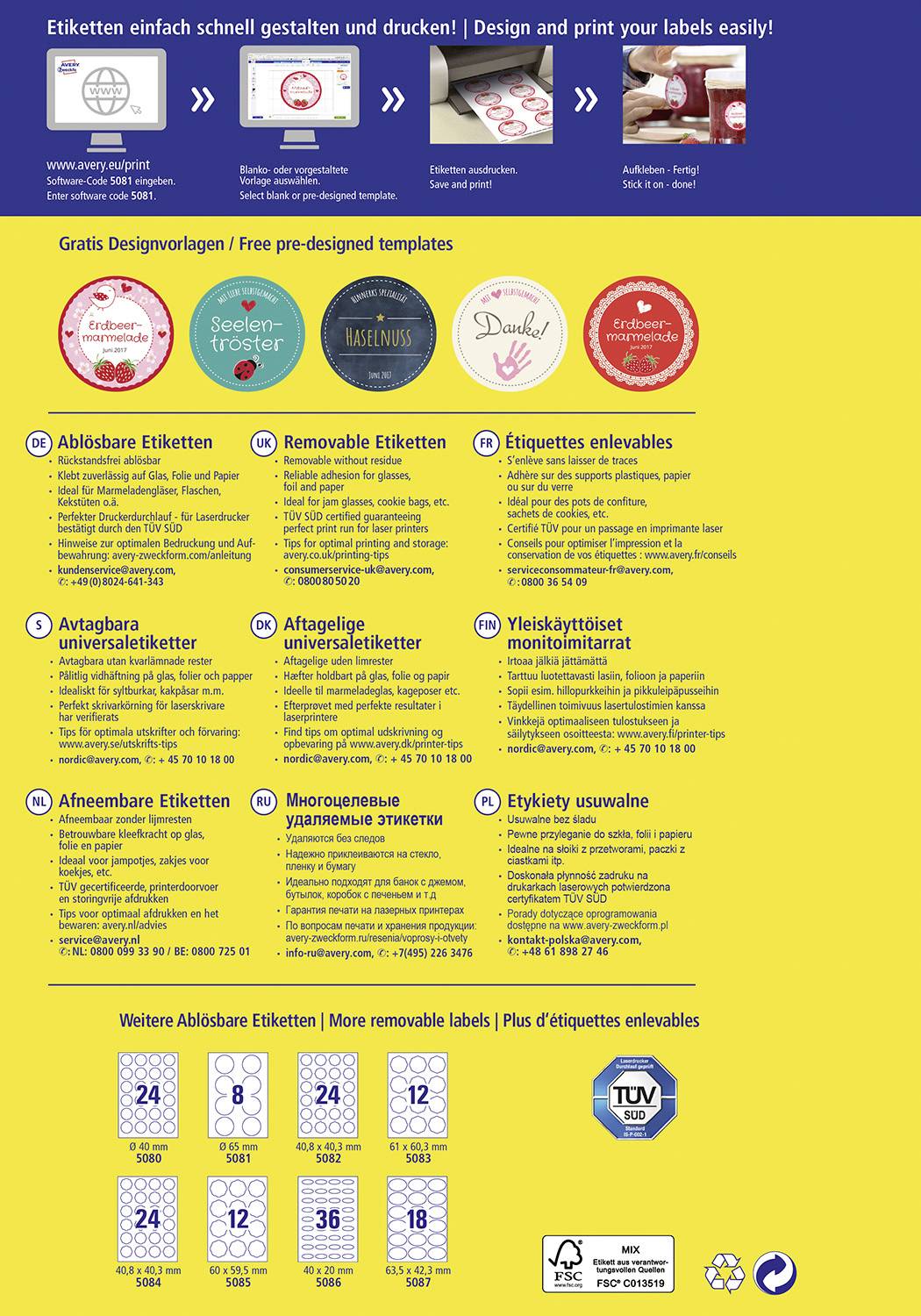 'Etiketten einfach gestalten und drucken' auf gelbem Hintergrund. Oben Text in Deutsch und Englisch. Unten finden sich Icons und Label-Vorlagen.