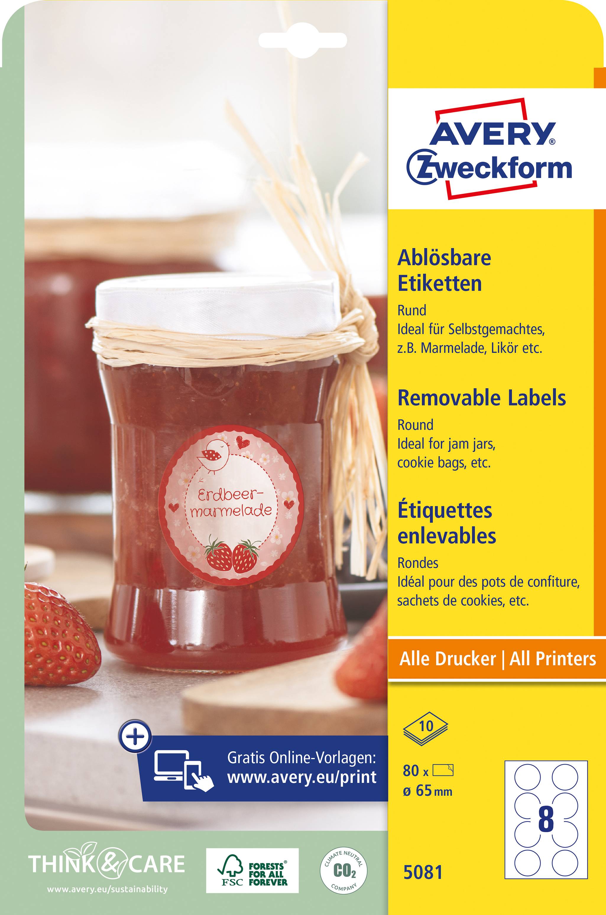 Glas Erdbeermarmelade mit ablösbarem Etikett von Avery Zweckform. Ideale Etiketten für Marmelade, Likör etc. Alle Drucker.