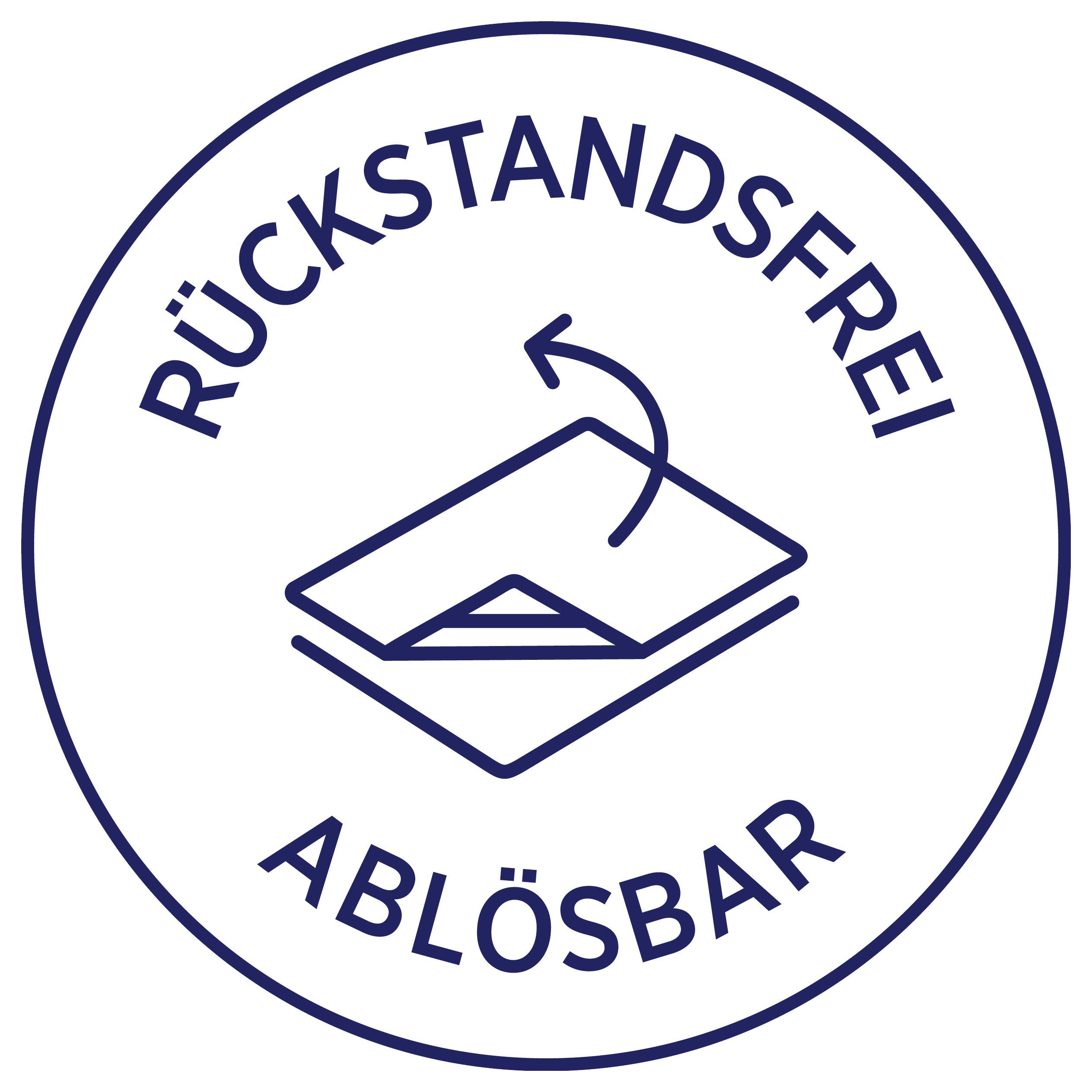 Runder Aufkleber mit Text 'RÜCKSTANDSFREI ABLÖSBAR' und Symbol eines sich ablösenden Etiketts, Hinweis auf rückstandsloses Entfernen.