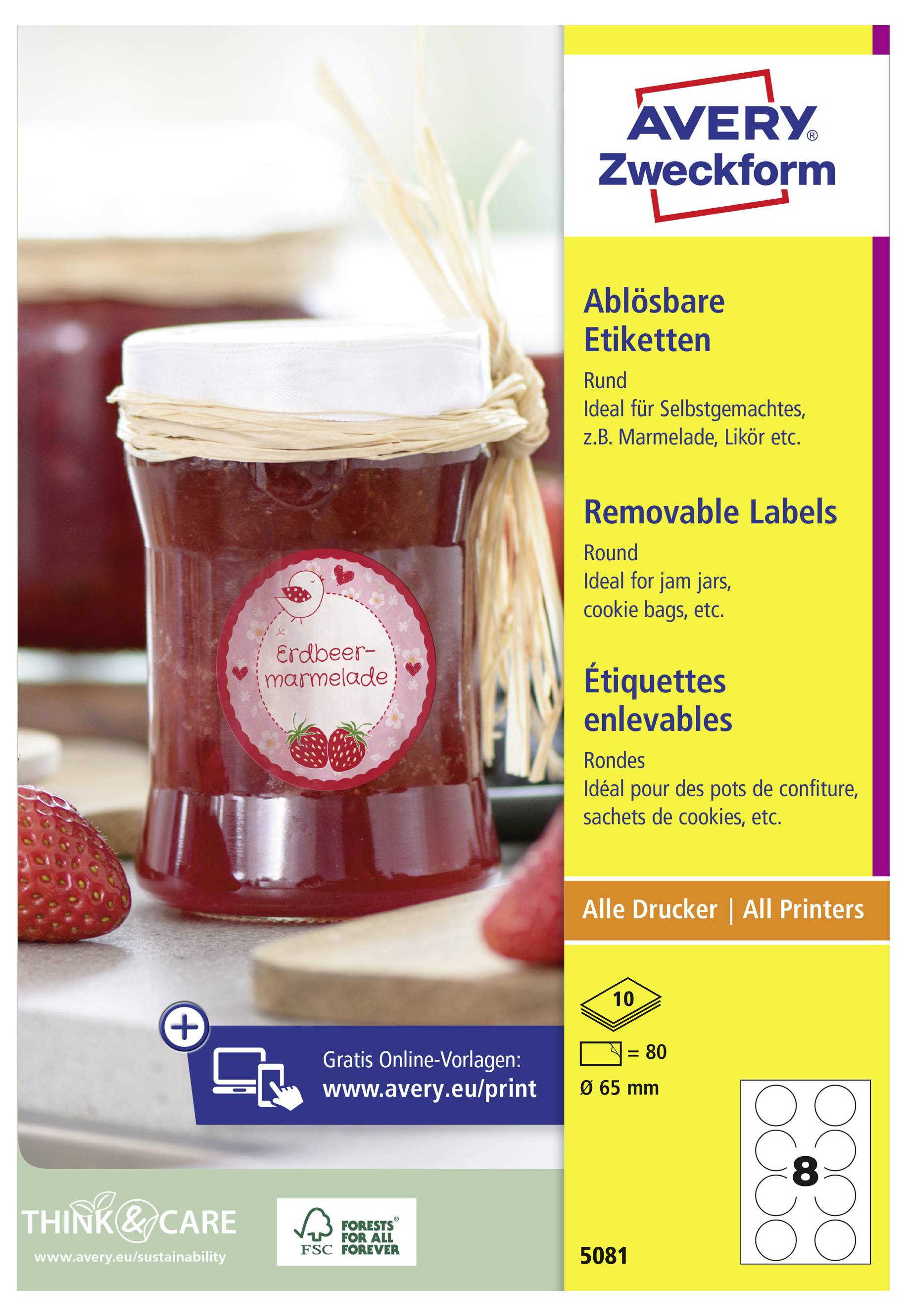 Ein Glas Erdbeermarmelade mit einem runden abnehmbaren Avery-Etikett; die Verpackung bewirbt druckbare Etiketten für Gläser, Kekse und ähnliche Artikel.