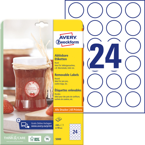 Avery-Zweckform 5080 Universal-Etiketten Ø 40 mm Papier Weiß 1 Set Wiederablösbar Tintenstrahldruc