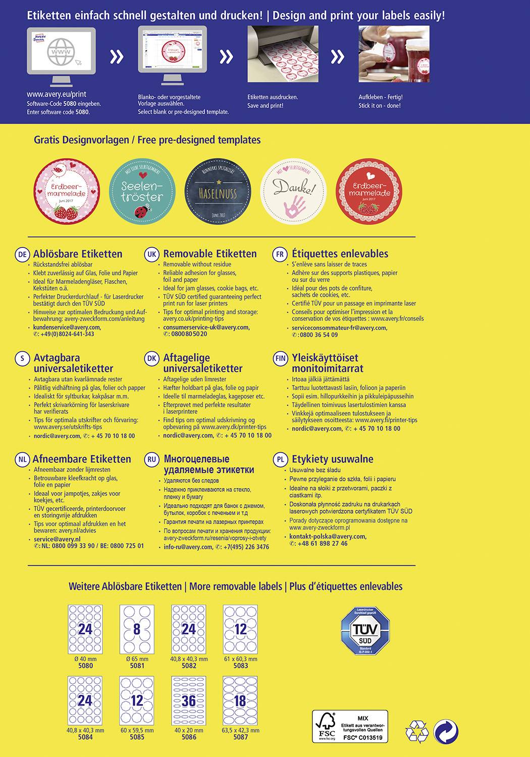 'Etiketten einfach schnell gestalten und drucken! Design and print your labels easily!' Verschiedene Etikettengrafiken und -informationen in mehreren Sprachen, inklusive Größen und Anwendungsmöglichkeiten.