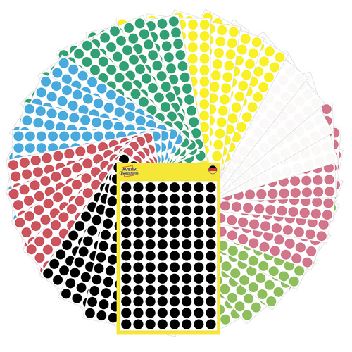Avery-Zweckform 59994 Etiketten Ø 8mm Papier Rot, Grün, Gelb, Schwarz, Blau, Weiß, Neonrot, Neongrün 1 Set Markierungspunkte