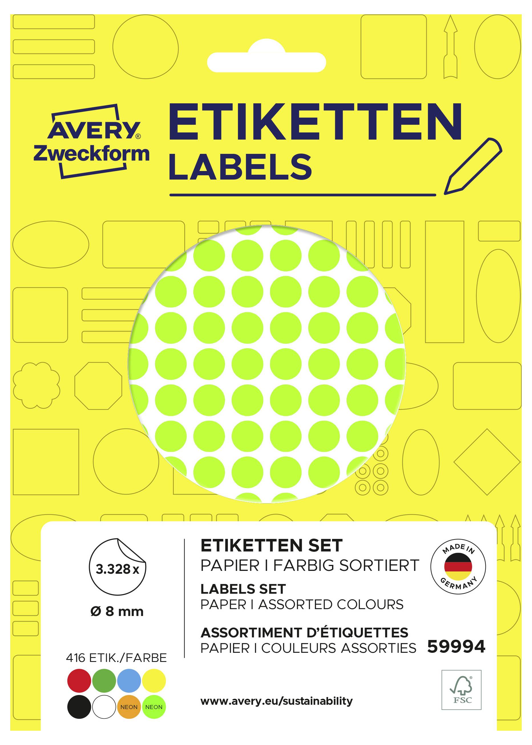 Avery Zweckform Etikettensortiment mit leuchtend gelbem Umschlag, großem grünem Polka-Punkt-Kreis und Produktdetails einschließlich sortierter Papieretikett, 416 Etiketten pro Farbe, 8 mm und Produktnummer 59994.