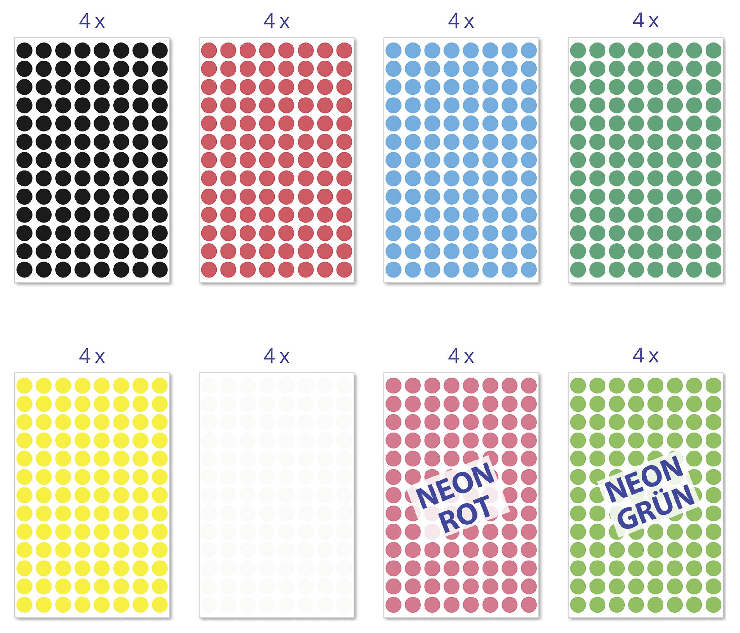 Übersicht mit acht Karten aus farbigen Punktmustern, jeweils mit '4 x'; unten zwei Karten mit den Aufschriften 'NEON ROT' und 'NEON GRÜN'.