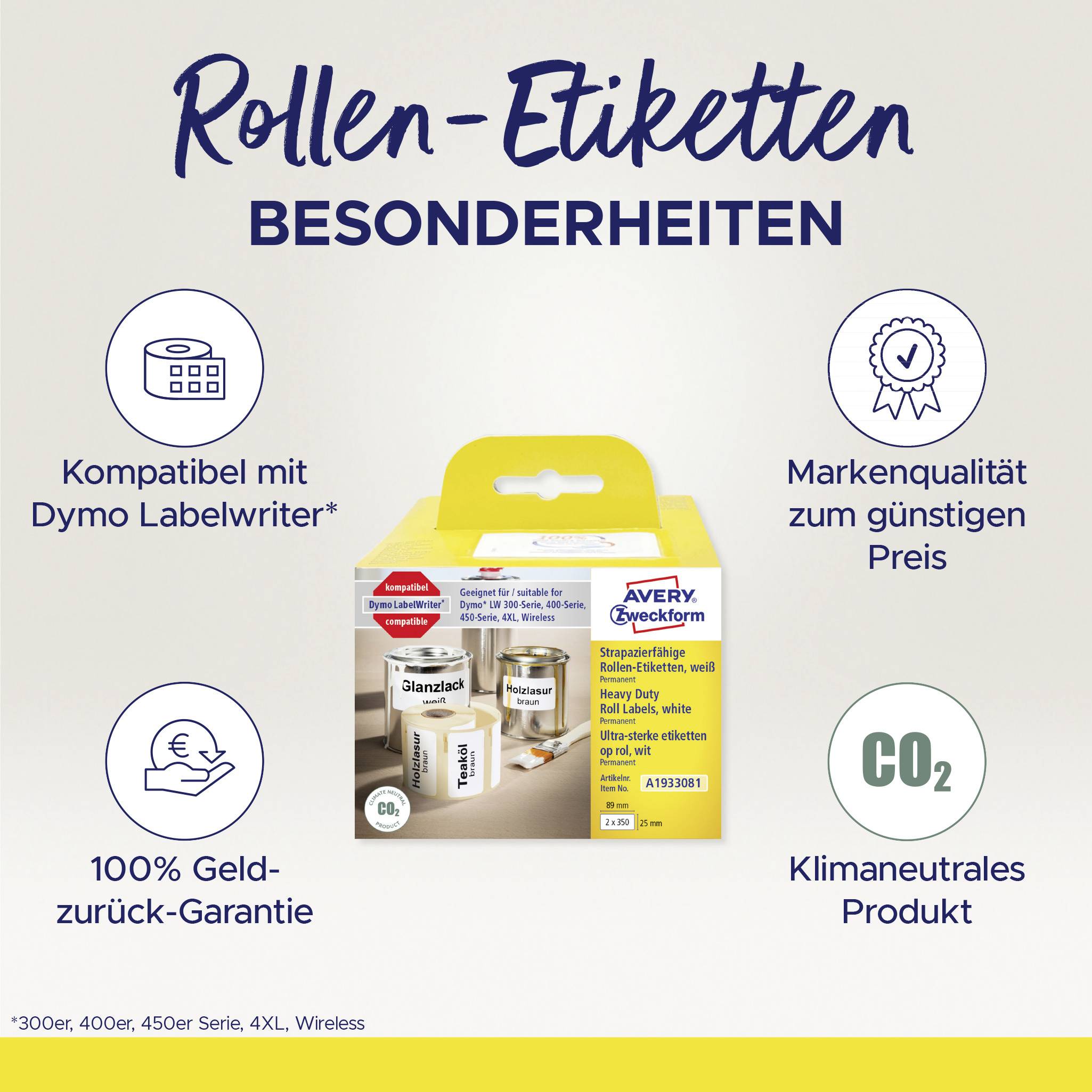Rollen-Etiketten: Kompatibel mit Labelwriter, 100% Geld-zurück-Garantie, Markenqualität, klimaneutrales Produkt.