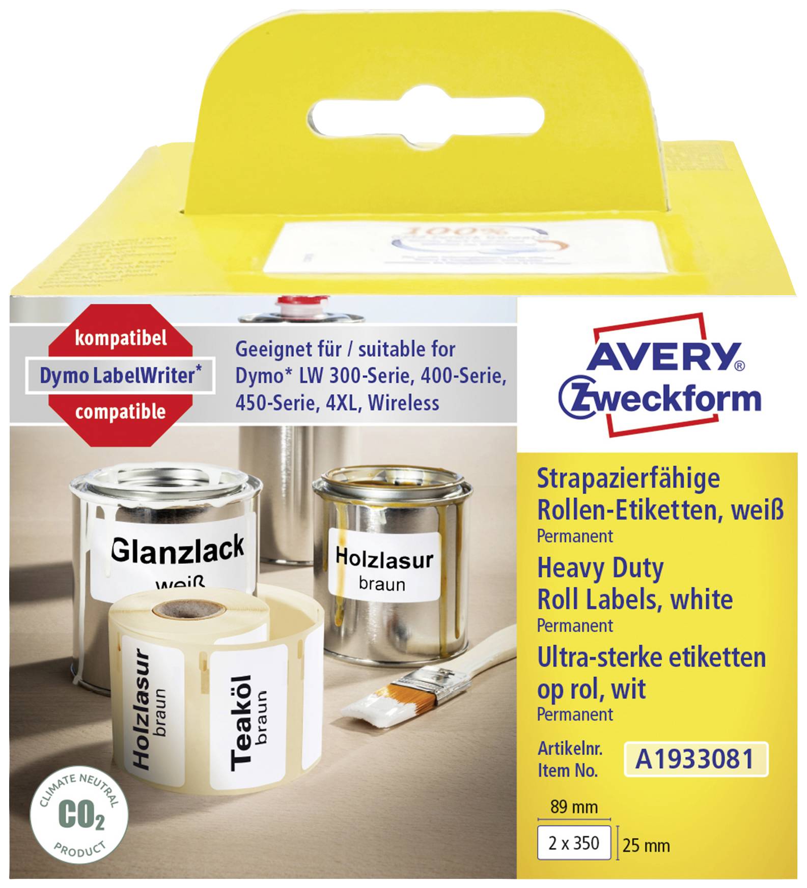 Etiketten-Verpackung mit Aufschrift 'Avery Zweckform'. Enthält braune Holzlasur- und Glanzlack-Dosen. Produktnummer: A1933081.