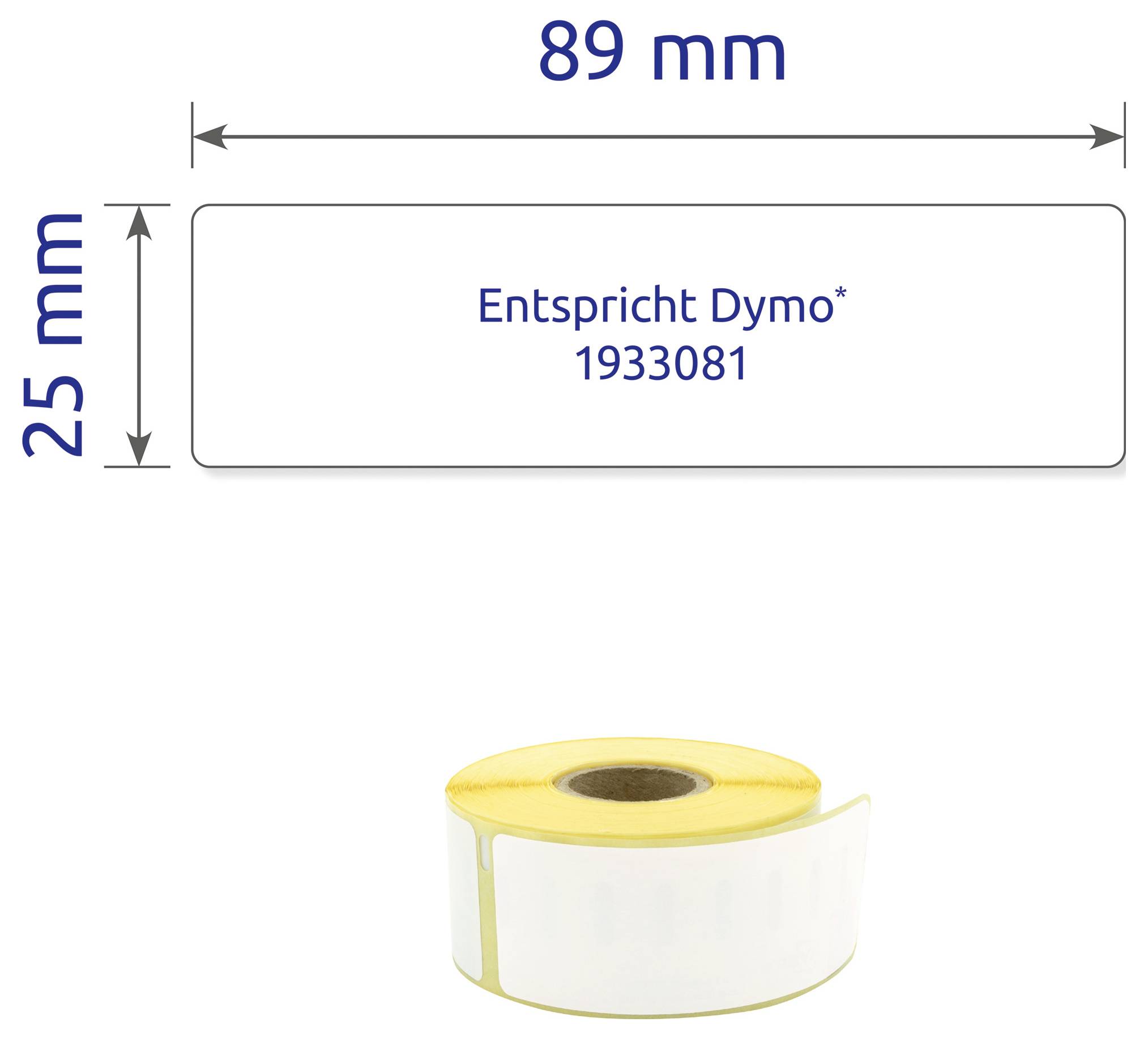 Etikettenrolle mit Maßangaben: 89 mm breit und 25 mm hoch; Hinweis: entspricht Dymo 1933081.