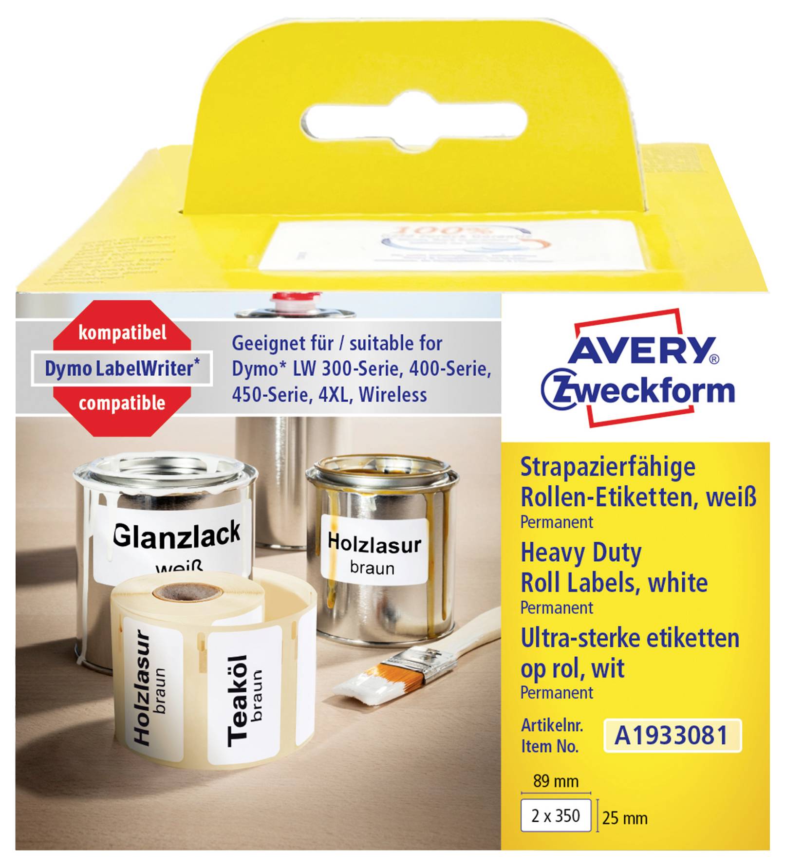 Packung mit Avery Zweckform robuste weiße Rollenetiketten, kompatibel mit Dymo LabelWriter, für 2 x 35 mm Etiketten und 89 mm Rollen.