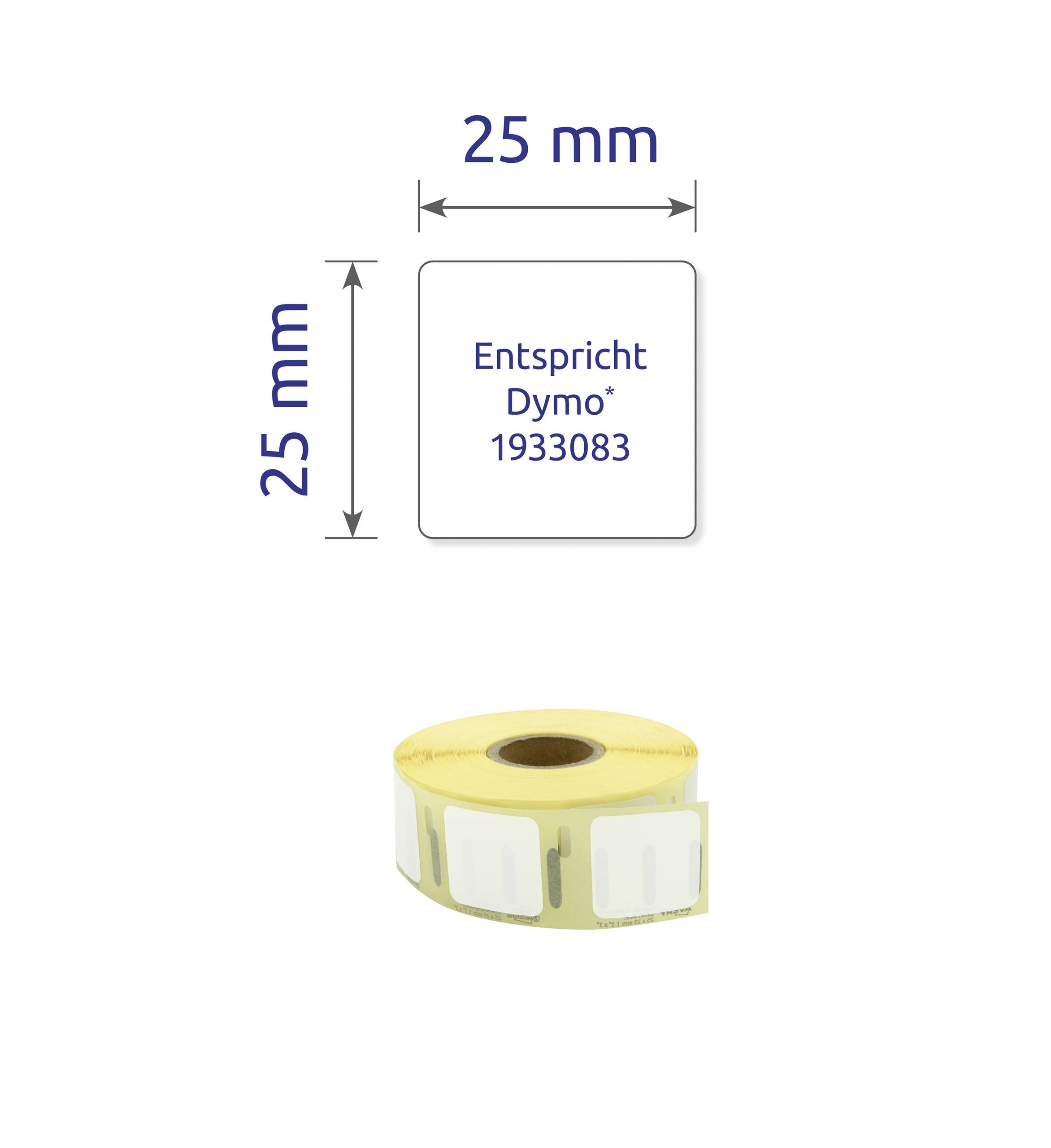 Etikettenrolle, kompatibel mit Dymo 1933083. Jeder Aufkleber ist 25 mm x 25 mm groß, weiße Etiketten auf Rolle abgebildet.