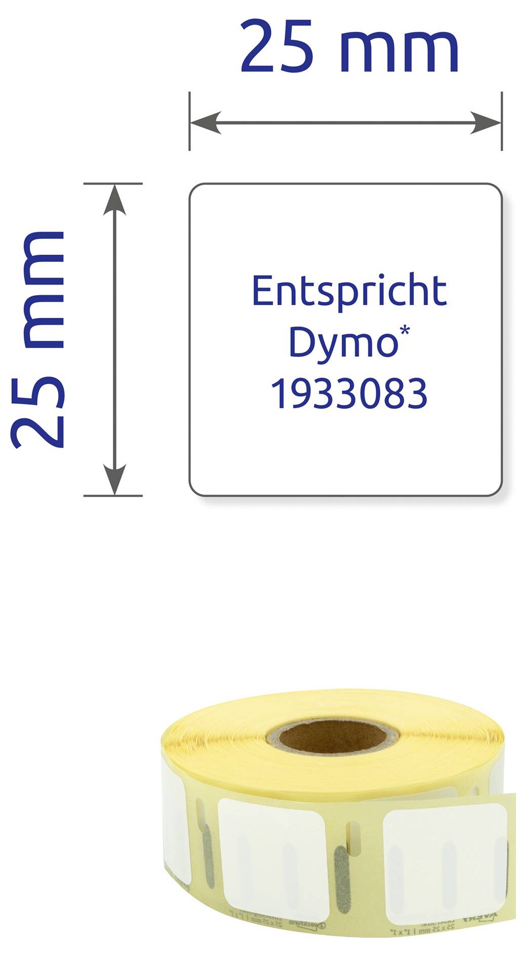 Etikettrolle mit quadratischen 25-mm-Etiketten; beschriftetes Beispiel 'Entspricht Dyno 1933083' und Maßangaben 25 mm Breite und Höhe.