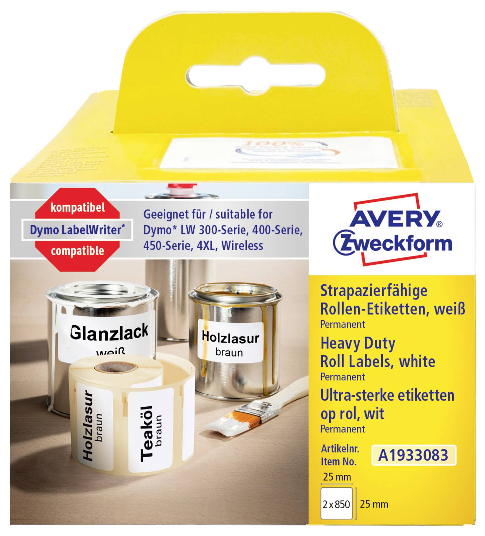 Avery Zweckform Packung weiße strapazierfähige Rollenetiketten, kompatibel mit Dymo LabelWriter und 25 mm x 850 mm Etiketten, mit beispielhaft beschrifteten Farbdosen.