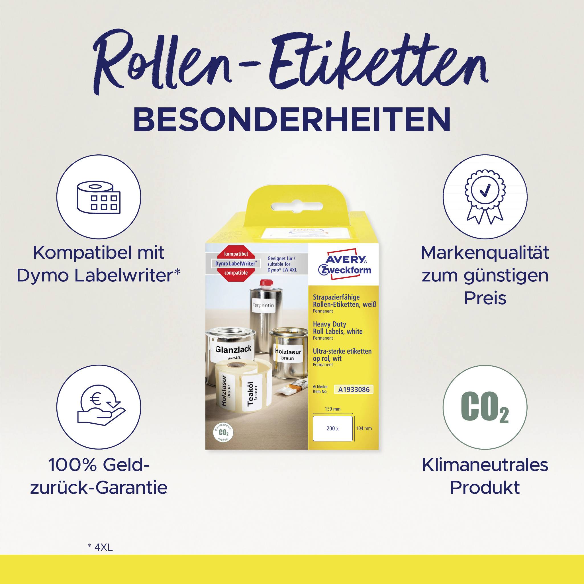 Rollen-Etiketten von Avery für spezielle Anforderungen. Drei Hauptmerkmale: Maxi-Sichtbarkeit, 100% Geld-zurück-Garantie, CO2-neutrales Produkt.