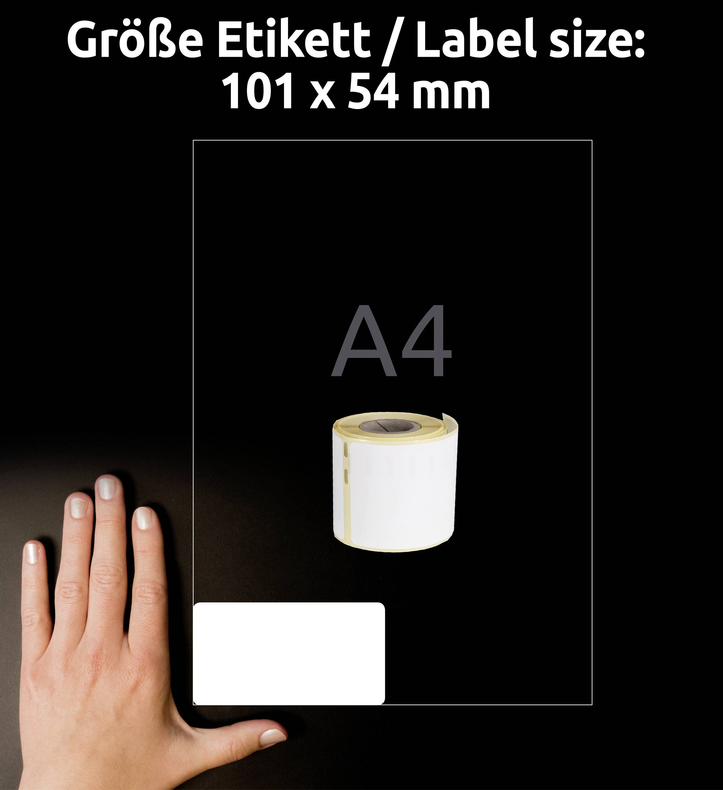 'Etikettengröße: 101 x 54 mm' – Eine Hand neben einer Rolle Etiketten auf einem A4-Blatt zeigt die Größe der Etiketten.