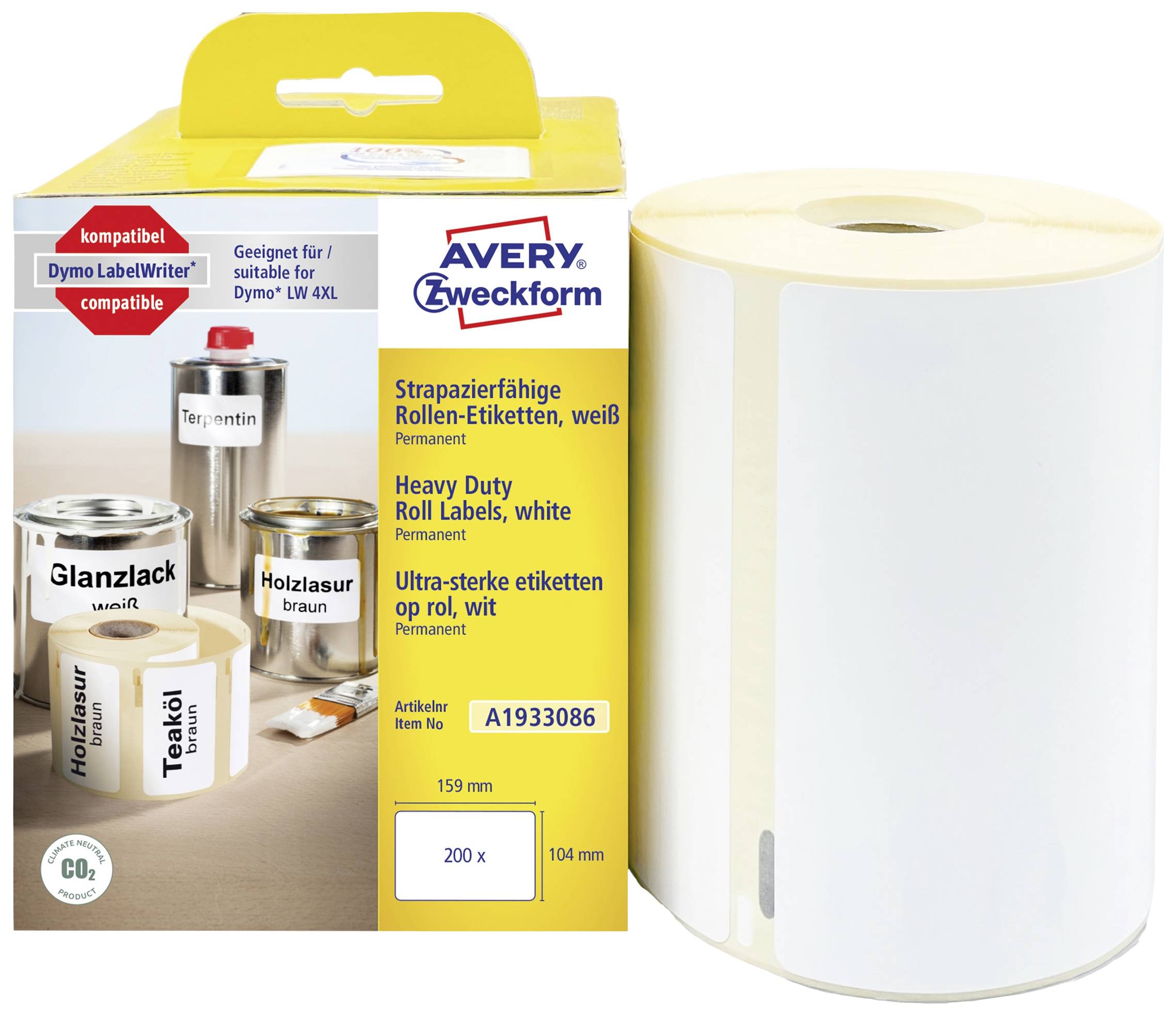 Strapazierfähige Rollenetiketten, weiß, permanent. Kompatibel mit Dymo LabelWriter. 104mm x 159mm, 200 Etiketten pro Rolle.