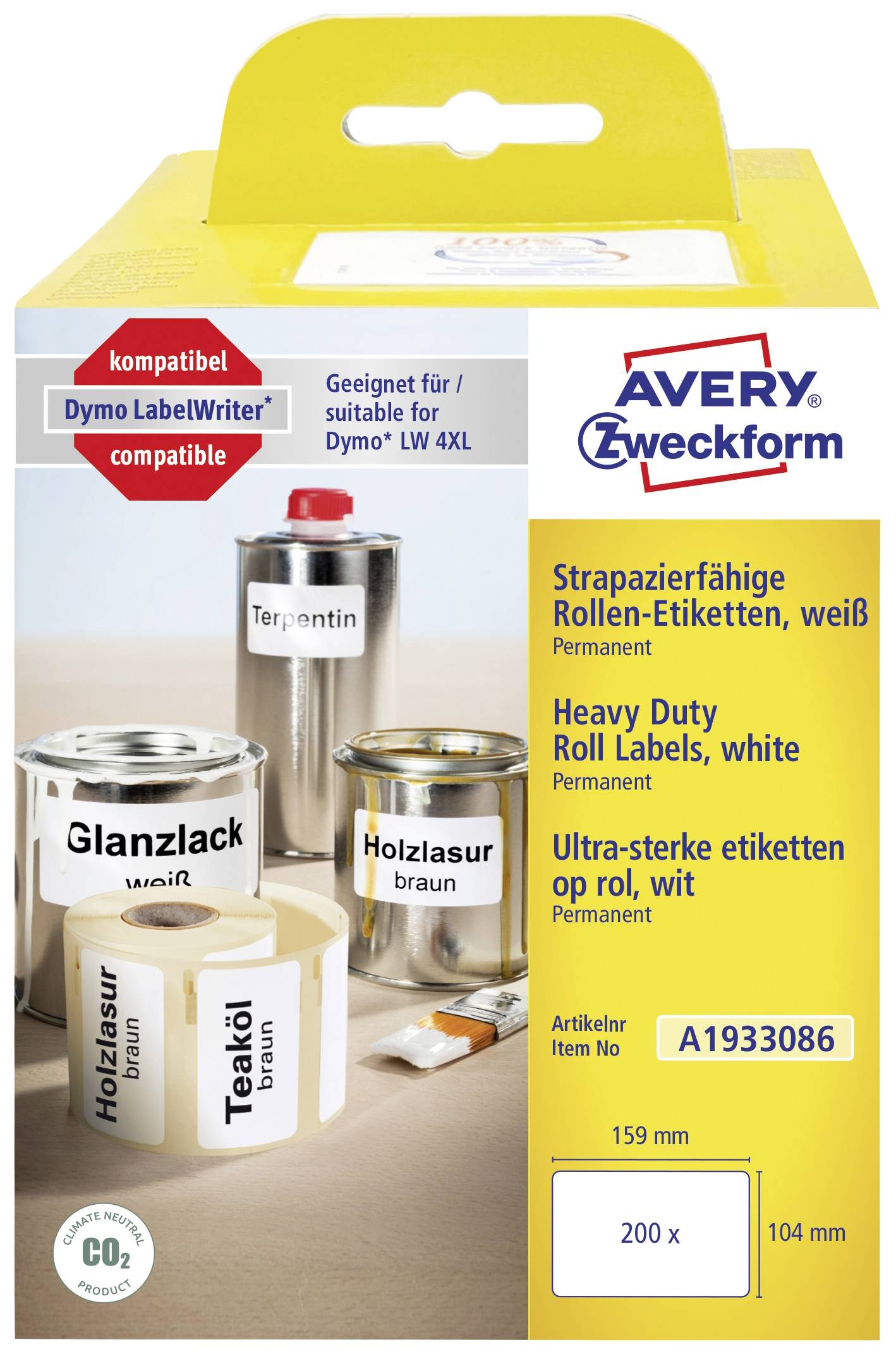 Etiketten für Dymo LabelWriter, strapazierfähig, weiß. Enthält Text: Glanzlack, Holzwachs, Teaköl, Holzlasur, Terpentin.