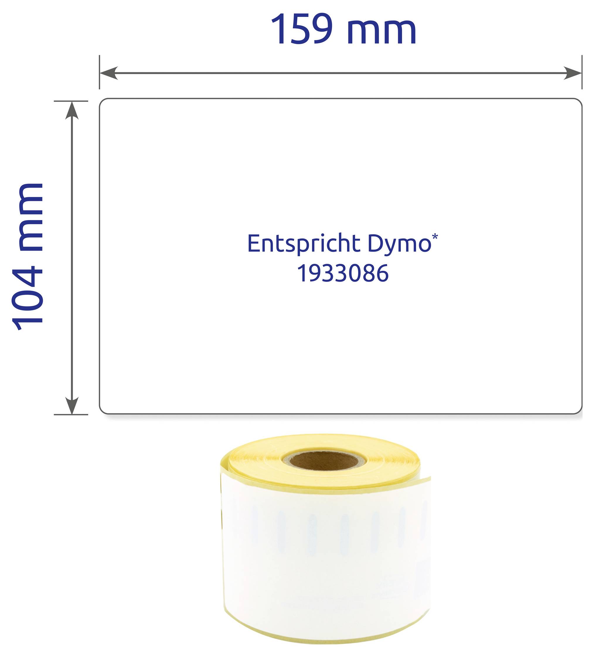 Maßskizze eines Etiketts 159 x 104 mm mit Hinweis 'Entspricht Dymo* 1933086' und Abbildung einer Etikettenrolle darunter.