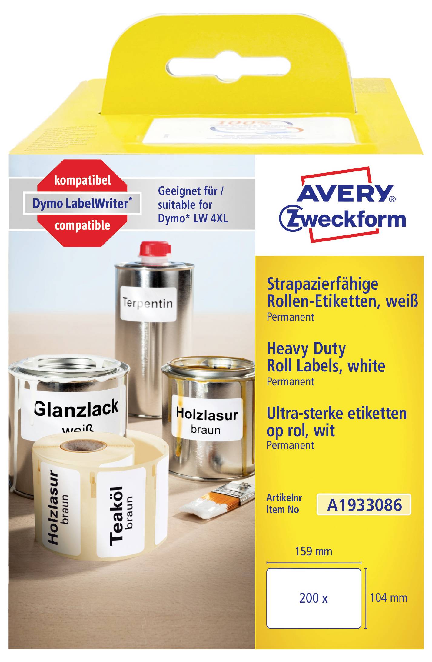 Avery Zweckform Rollen-Etiketten Paket heavy duty, weiße Dauerhaftetiketten, 200 x 159 mm, Artikel A193086, kompatibel mit Dymo LabelWriter/Dymo LW4XL.