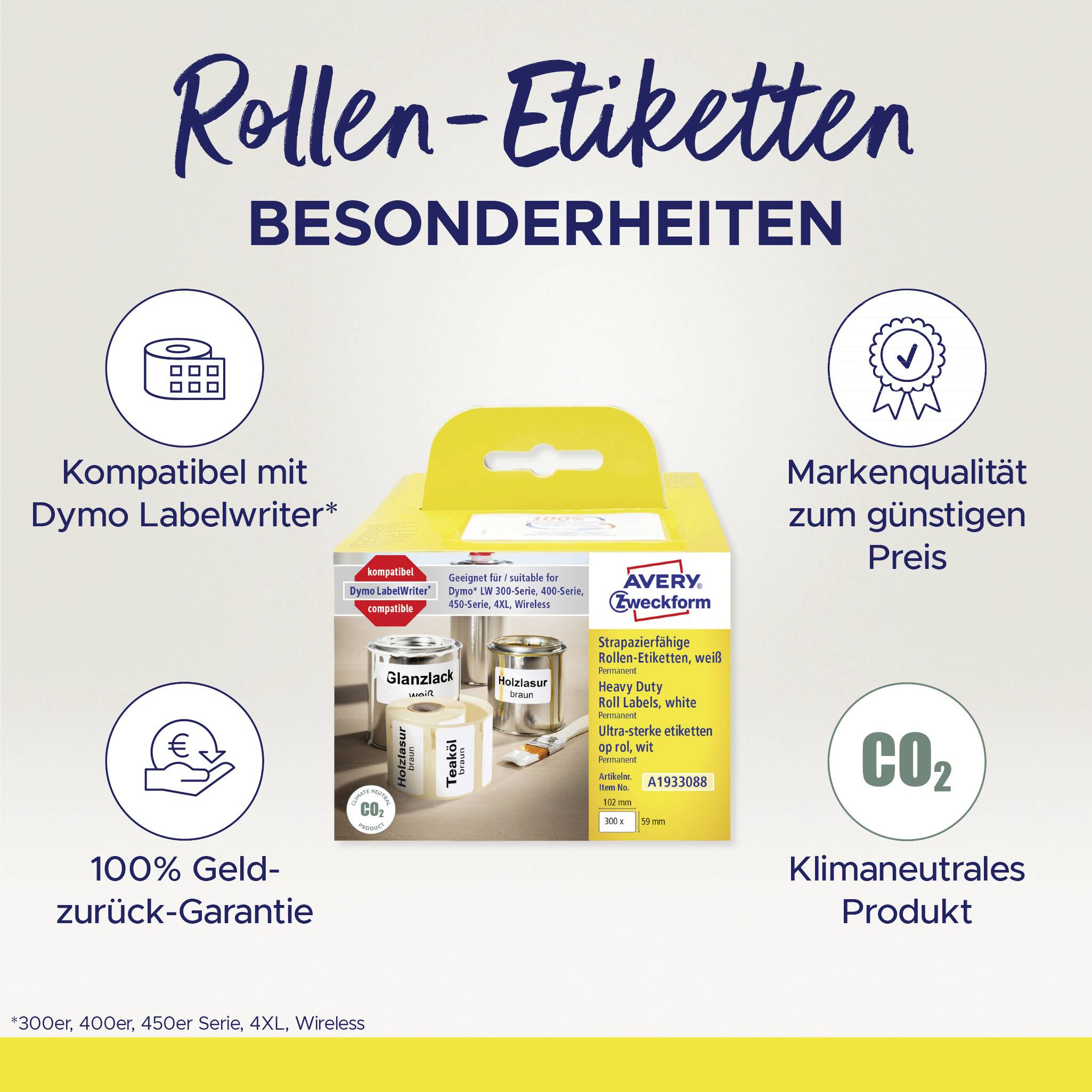 Werbung für Avery Zweckform Rollen-Etiketten. Merkmale: kompatibel mit Labelwriter, 100% Garantie, günstiger Preis, klimaneutral.