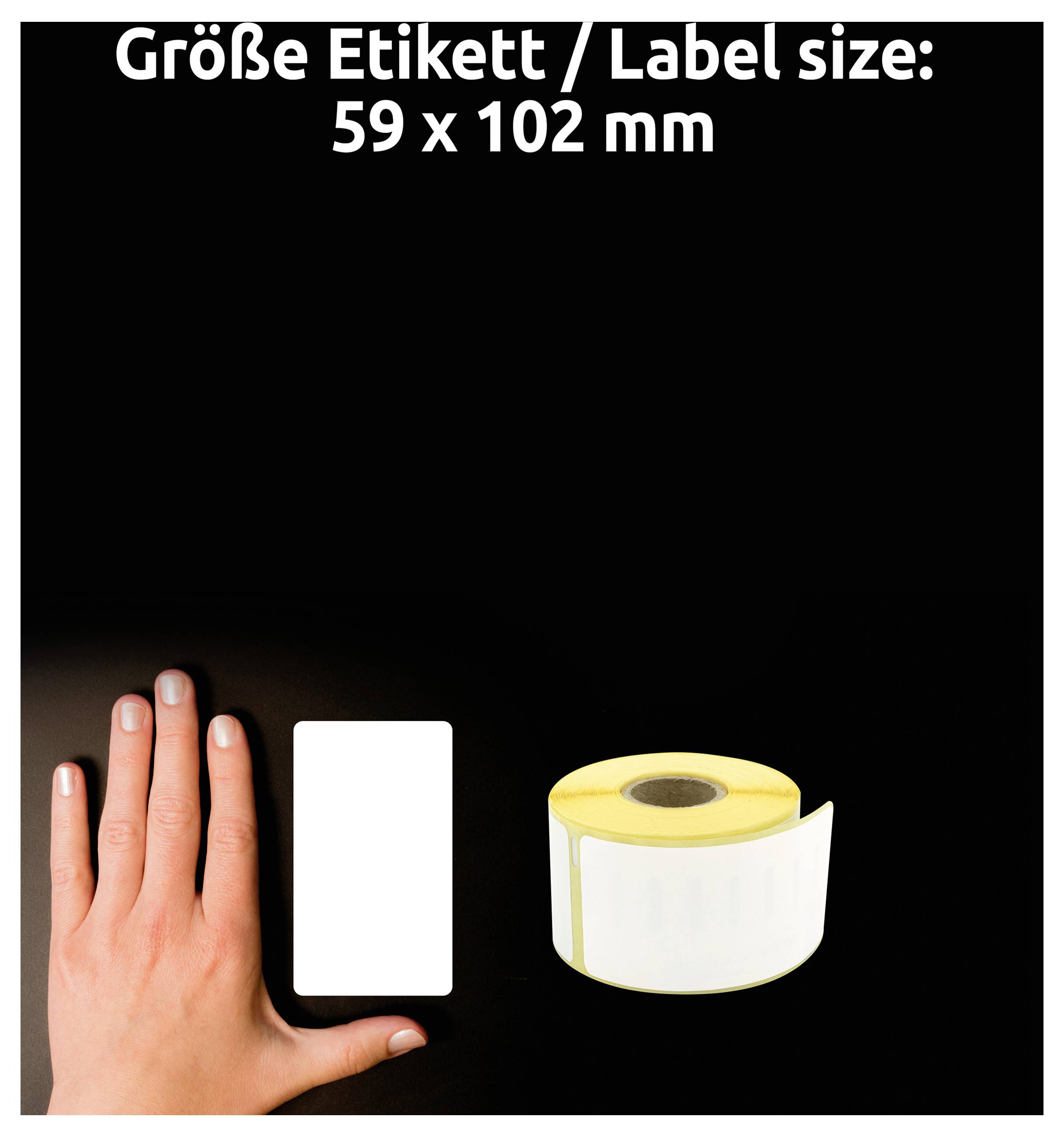 Hand neben leerem Etikett und Etikettenrolle; Text oben: 'Größe Etikett/ Label size: 59 x 102 mm'.