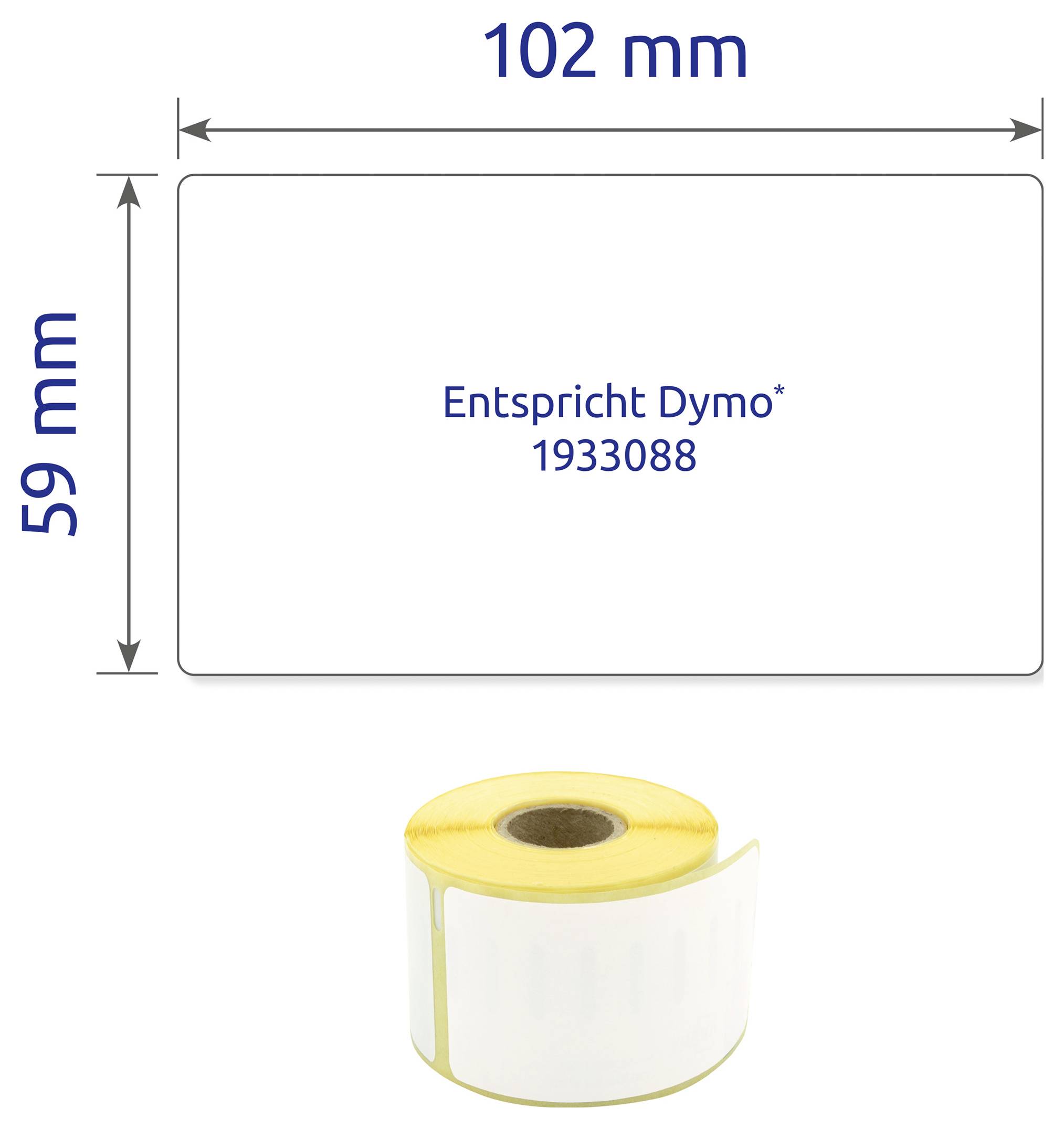 Abbildung eines Etikettenrolls mit Maßangaben 102 mm × 59 mm; Hinweis 'Entspricht Dymo 1933088'.