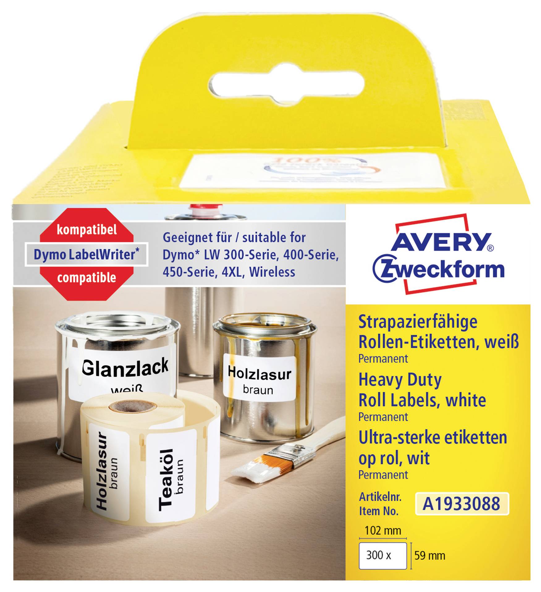 Verpackung für Avery Zweckform strapazierfähige weiße Rollenetiketten, kompatibel mit Dymo LabelWriter Druckern, zeigt Dosen mit Musteretikettenbeispielen.