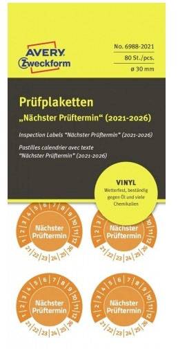 Avery-Zweckform 6988-2021 Prüfplakette "Nächster Prüftermin" 2021-2026 Orange Folie selbstklebend (Ø) 30mm 30mm 1 Set
