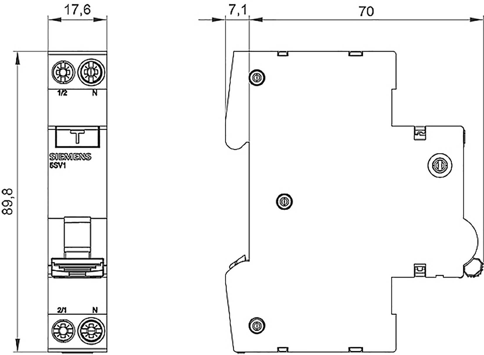Technische Zeichnung eines elektrischen Bauteils mit Abmessungen: 89,8 mm x 70 mm x 17,6 mm. Markierungen für Anschlüsse und Befestigungspunkte.