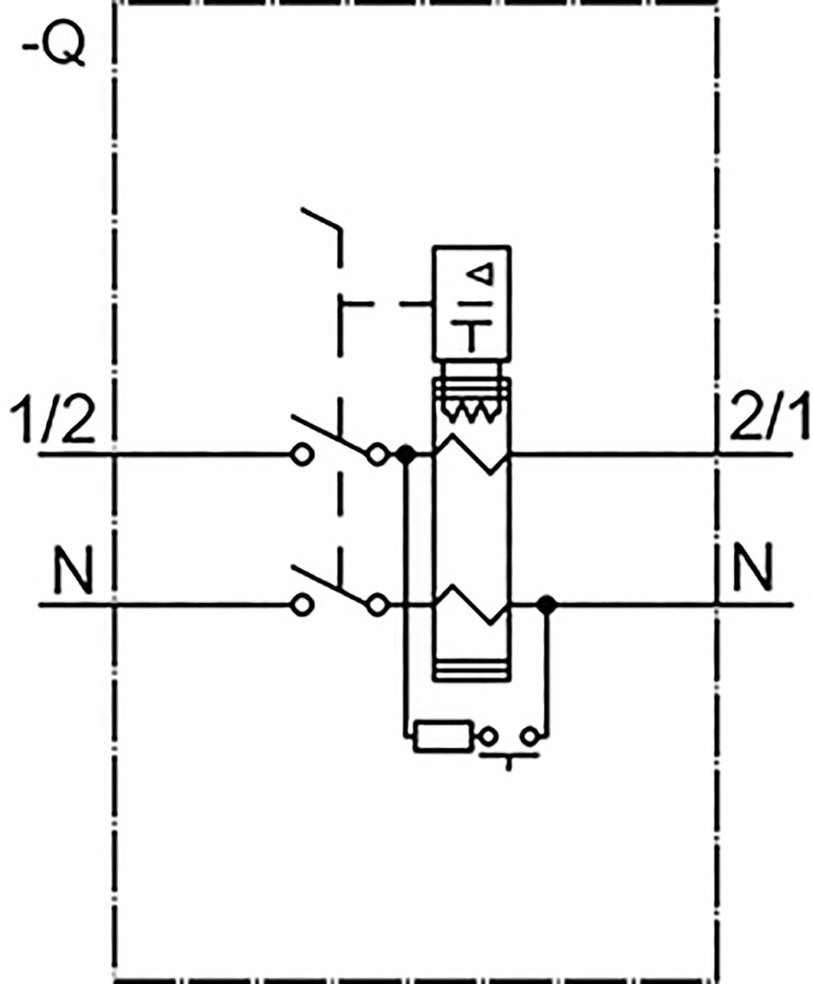Hydraulikschaltplan: Zweifach wirkendes Wechselventil mit zwei Zugängen (1/2, 2/1) und zwei Ausgängen (N, N), Spiralfeder, Schaltsteuerung oben.