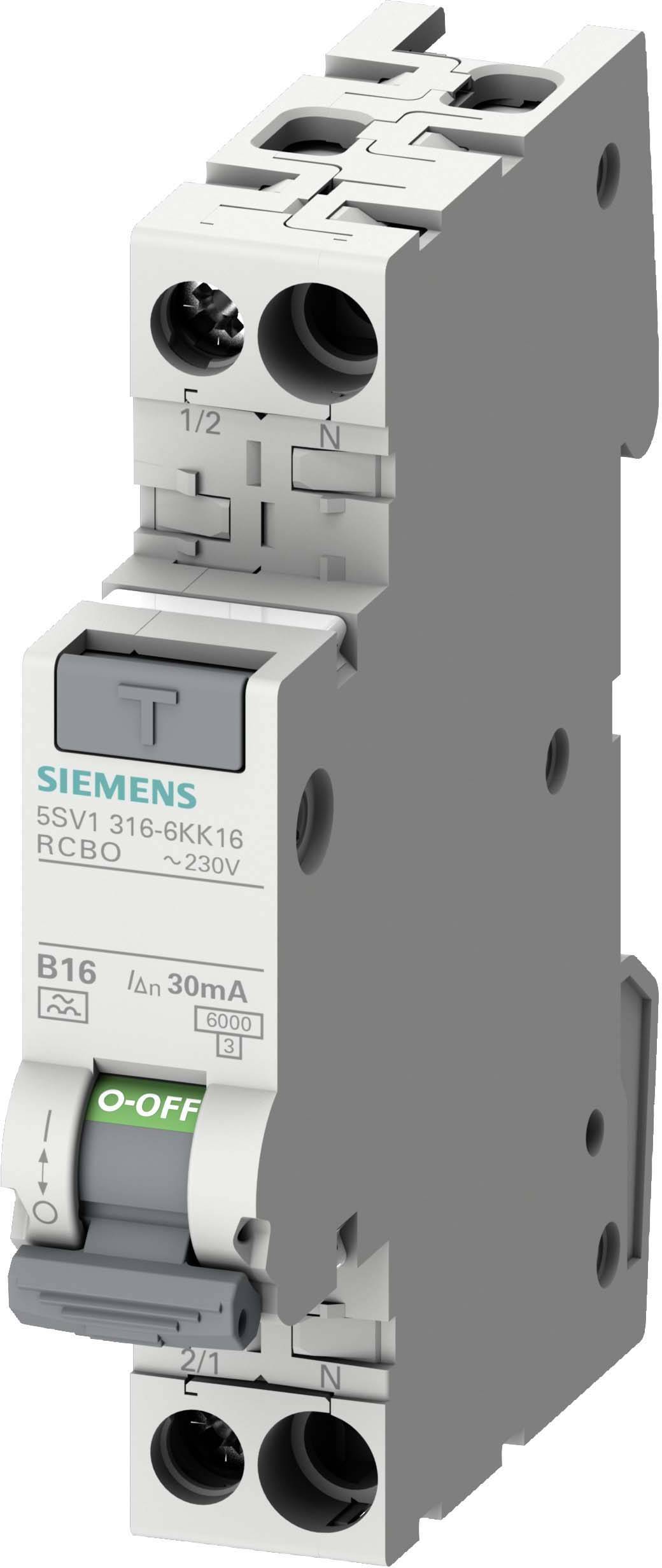 'Siemens 5SV1 316-6KK16 RCBO' in 3D-Ansicht, zeigt die Vorderseite mit Schalterposition, Modellinformationen und technische Details.