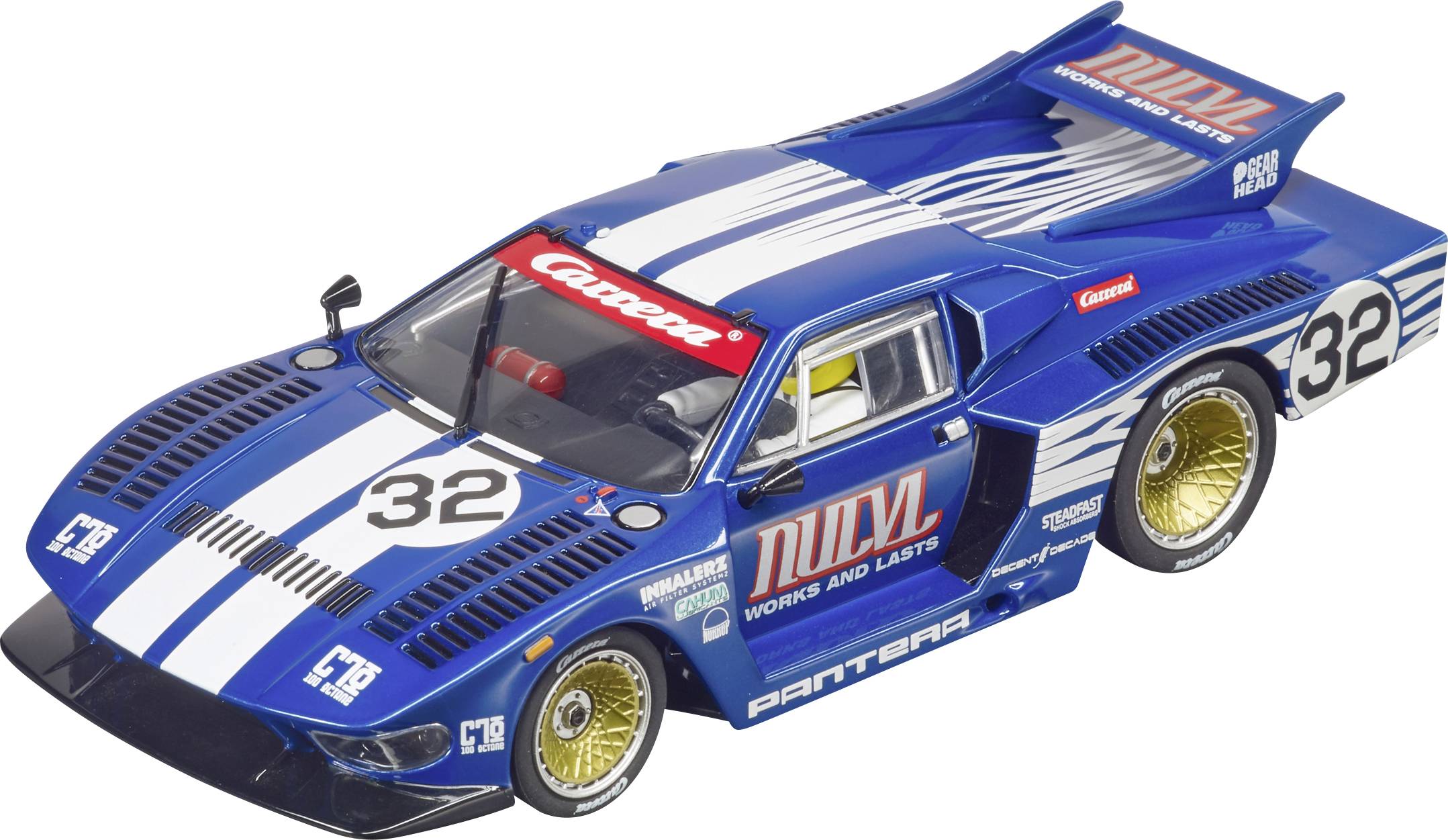 Blaues Modellauto mit weißem Streifenmuster und Nummer 32. Aufschrift 'NUMM' an der Seite. Rennwagenstil mit auffälligem Spoiler.