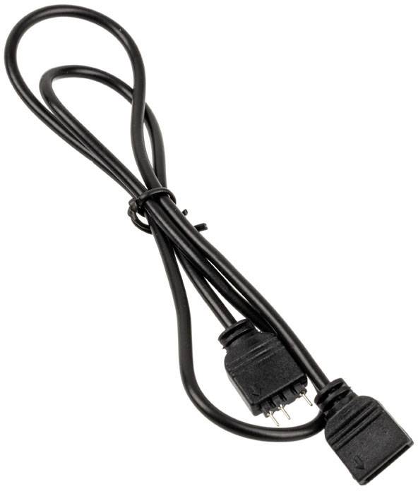 Ein schwarzes Kabel mit zwei Steckverbindern, die gegenüberliegend angebracht sind, liegt in einer Schleifenform.