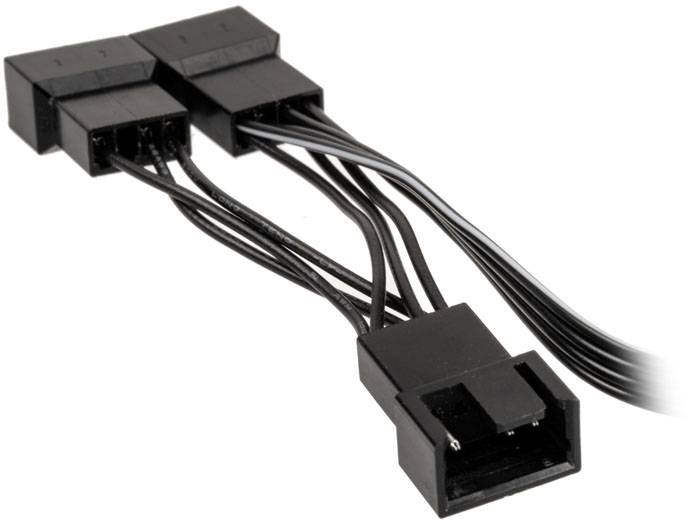 Schwarzer dreifacher Lüfter-Adapterkabel-Splitter mit drei weiblichen und einem männlichen Anschluss, verwendet für PC-Gehäuse-Lüfter.