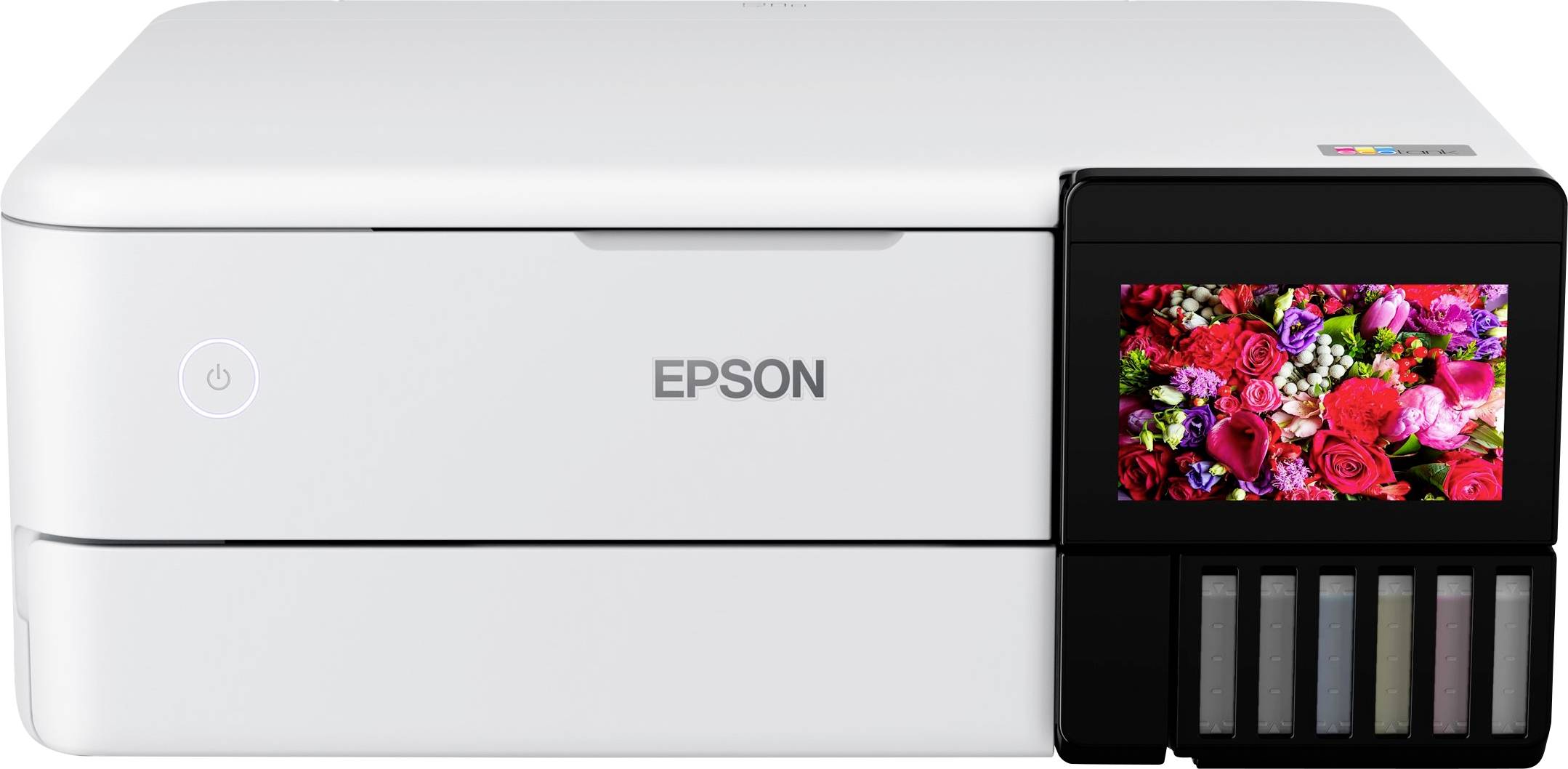 Weißer Drucker mit Touchscreen-Display rechts, zeigt ein Bild von roten und rosa Blumen. Markenname 'Epson' in der Mitte.