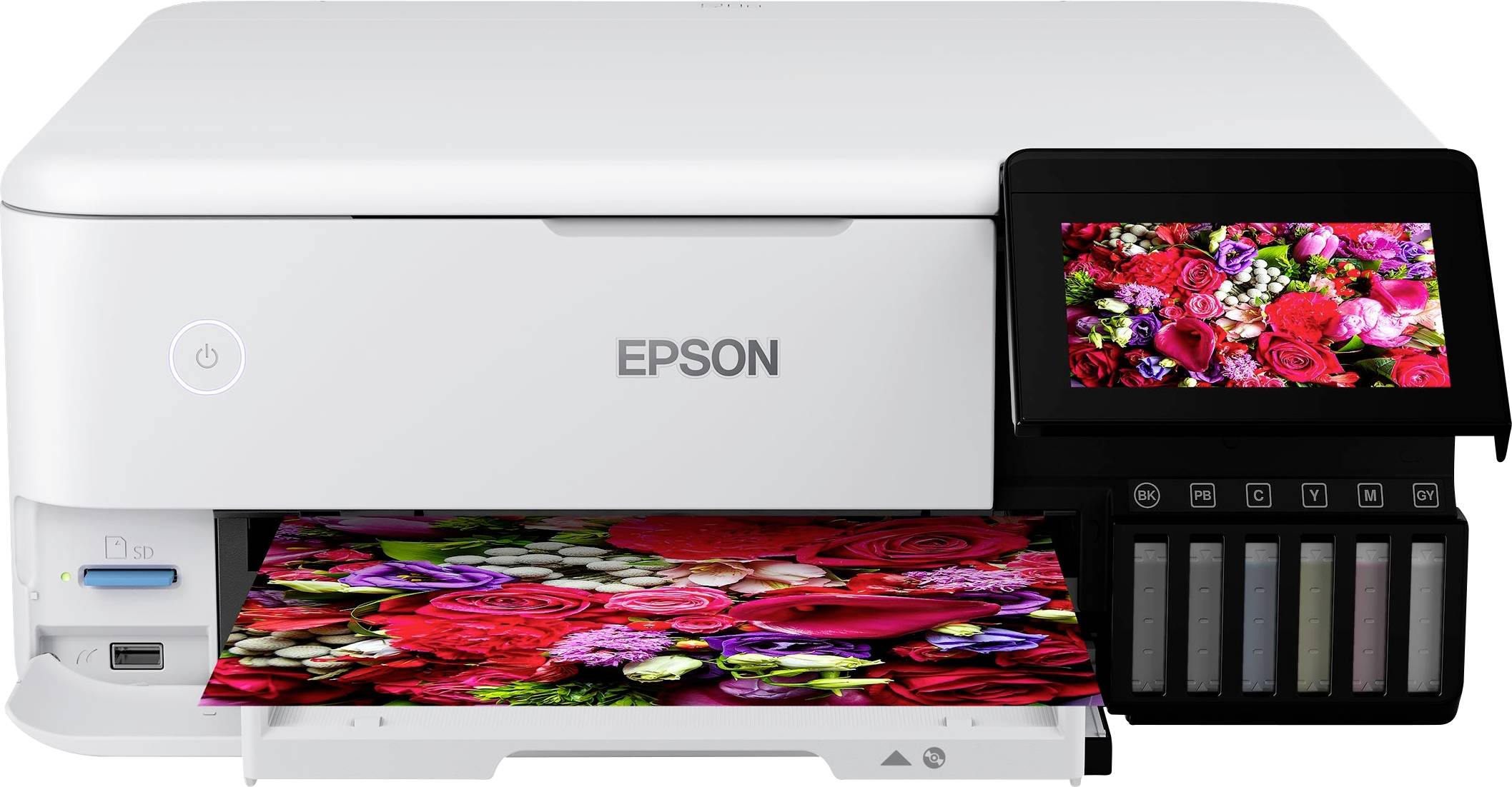 Ein weißer Drucker gibt ein Foto mit bunten Blumen aus. Auf dem Display sind ebenfalls Blumen zu sehen.