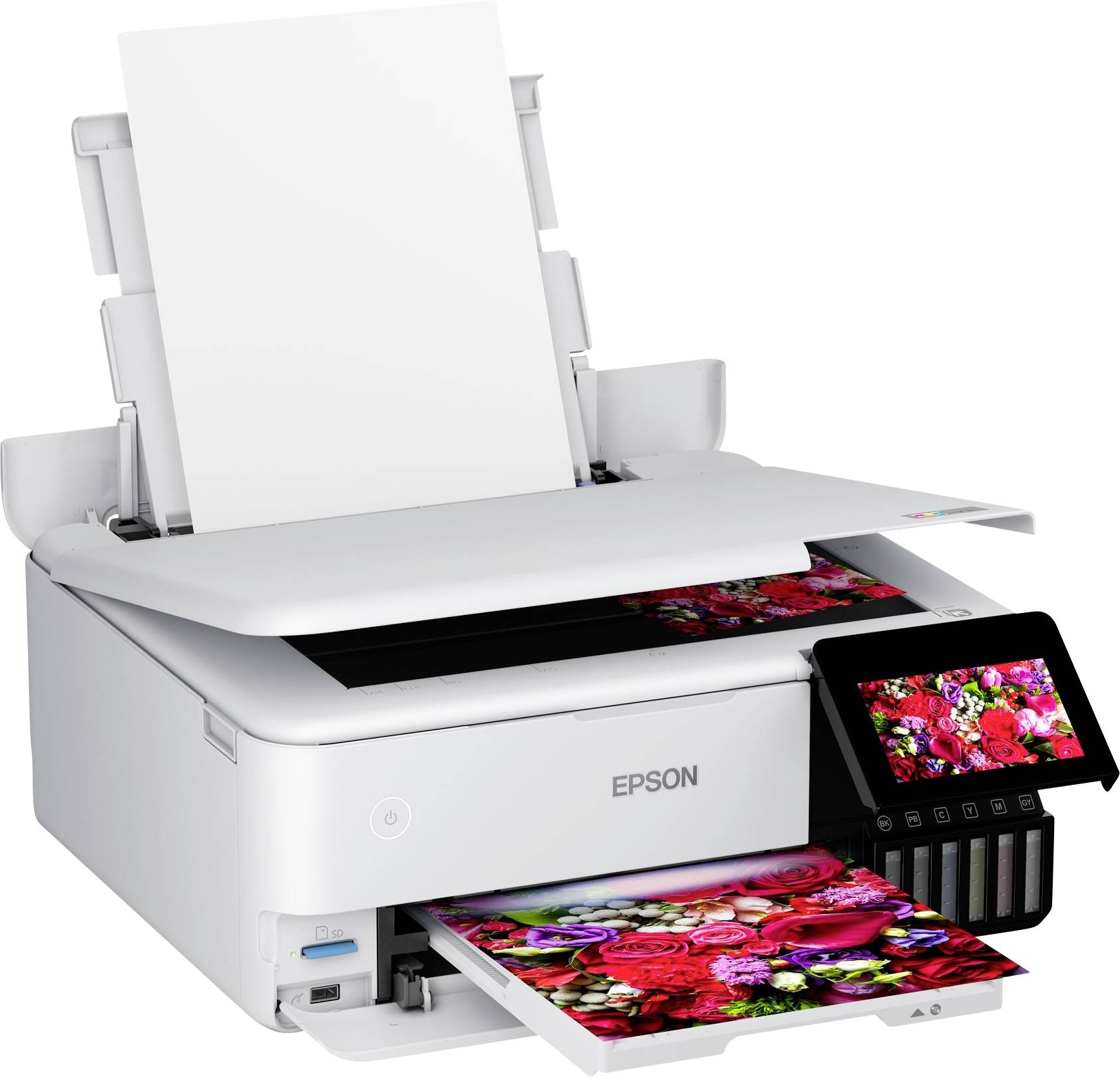 Ein Epson-Drucker mit einem Fotoausdruck in leuchtenden Farben. Ein Bildschirm zeigt die Bedienoberfläche des Druckers.
