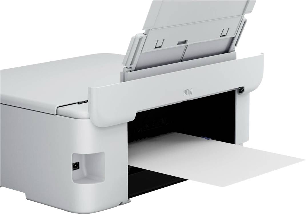 Ein weißer Drucker gibt ein Blatt Papier aus. Der Deckel ist geöffnet, und die Papierzufuhr ist sichtbar.