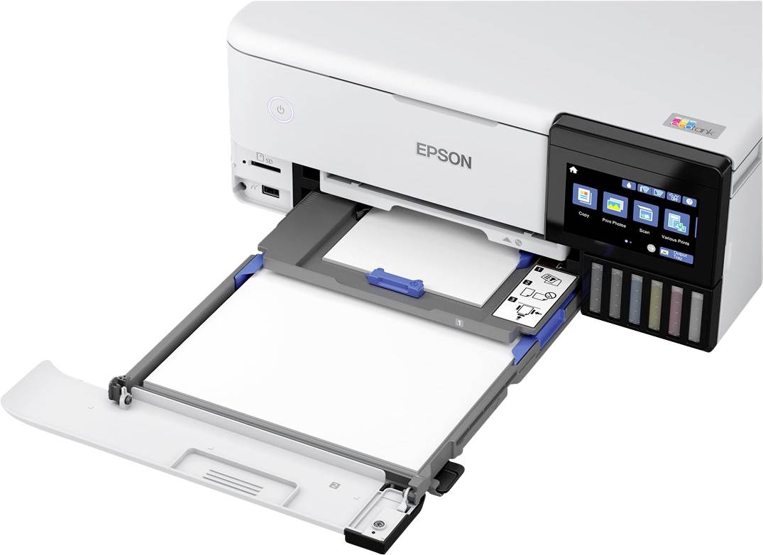 Ein moderner, weißer Epson-Drucker mit offenem Papierfach und farbigen Tintentanks rechts. Ein digitales Display zeigt Optionen.