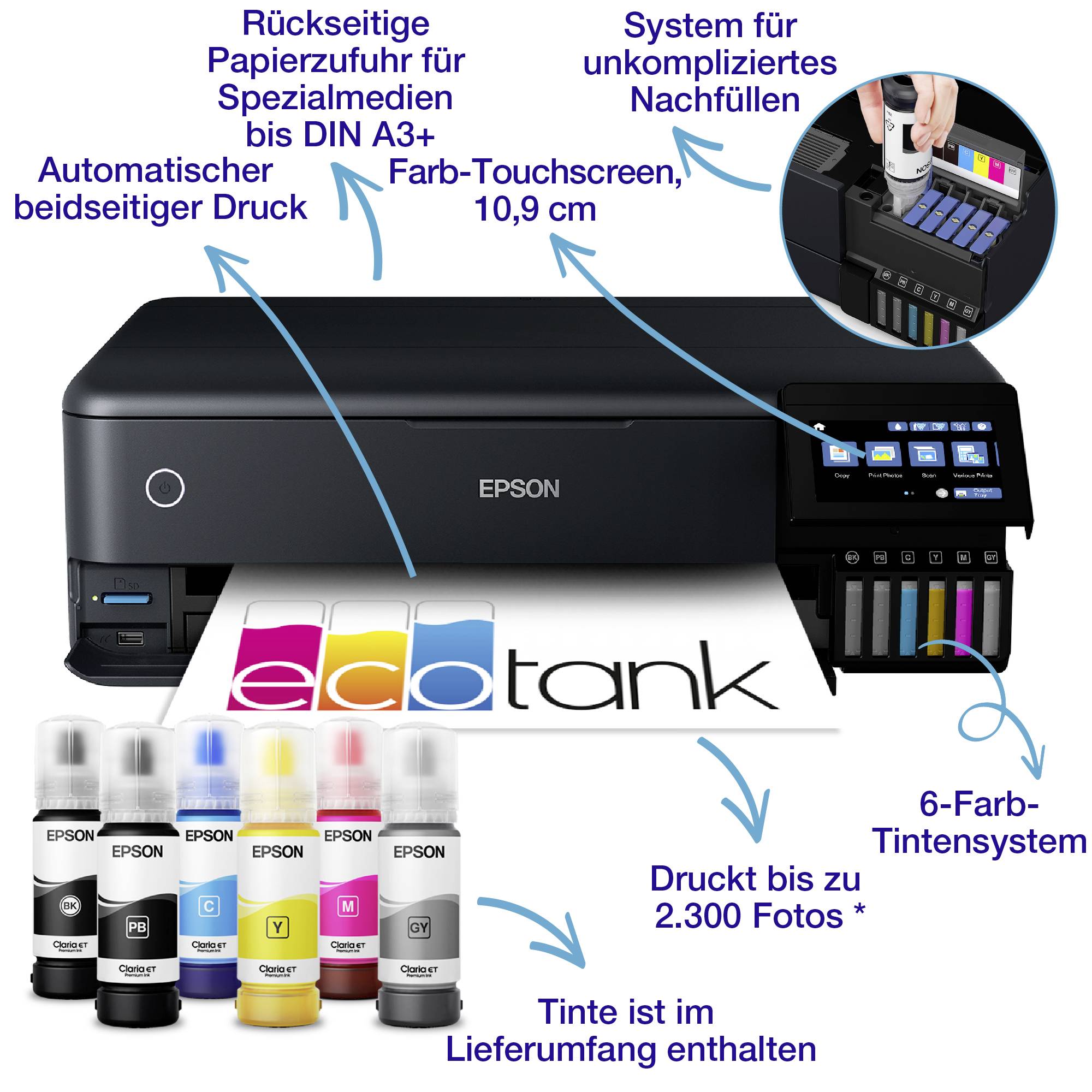 Epson EcoTank ET-8550 Multifunktionsdrucker Tintenstrahl Farbe A4, A3 Drucker, Scanner, Kopierer Duplex, Tintentank-System, LAN