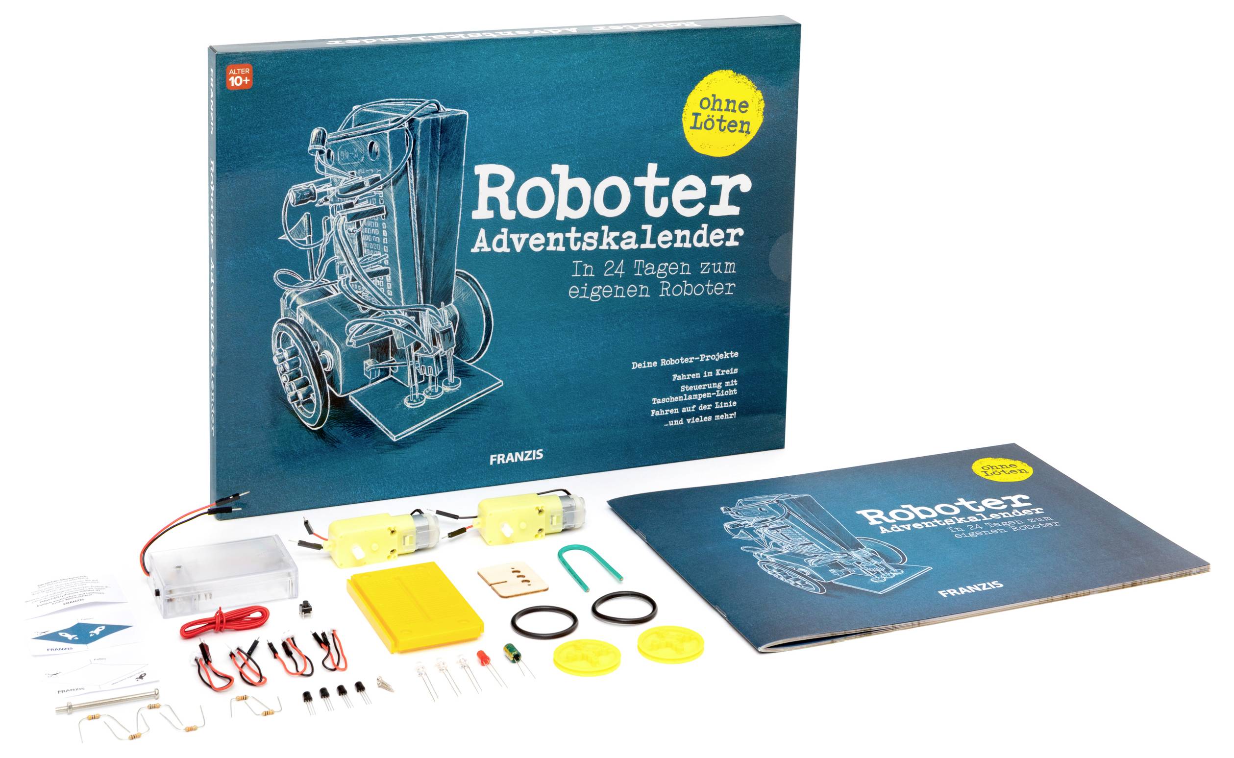 Roboter-Adventskalender-Bausatzkasten mit einem Kalenderbüchlein und verschiedenen elektronischen Komponenten, die davor ausgelegt sind.