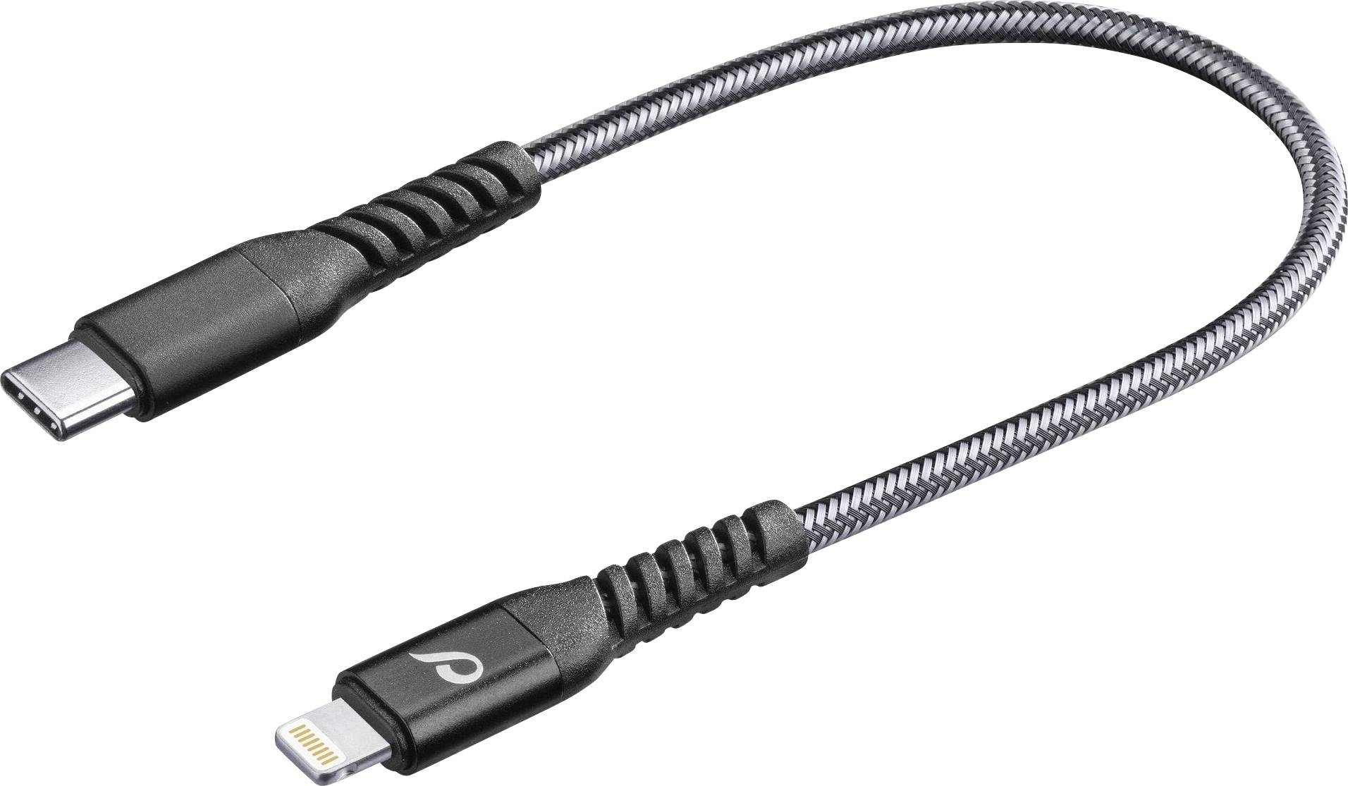Ein geflochtenes Kabel mit einem USB-C-Stecker an einem Ende und einem Lightning-Stecker am anderen Ende auf weißem Hintergrund.