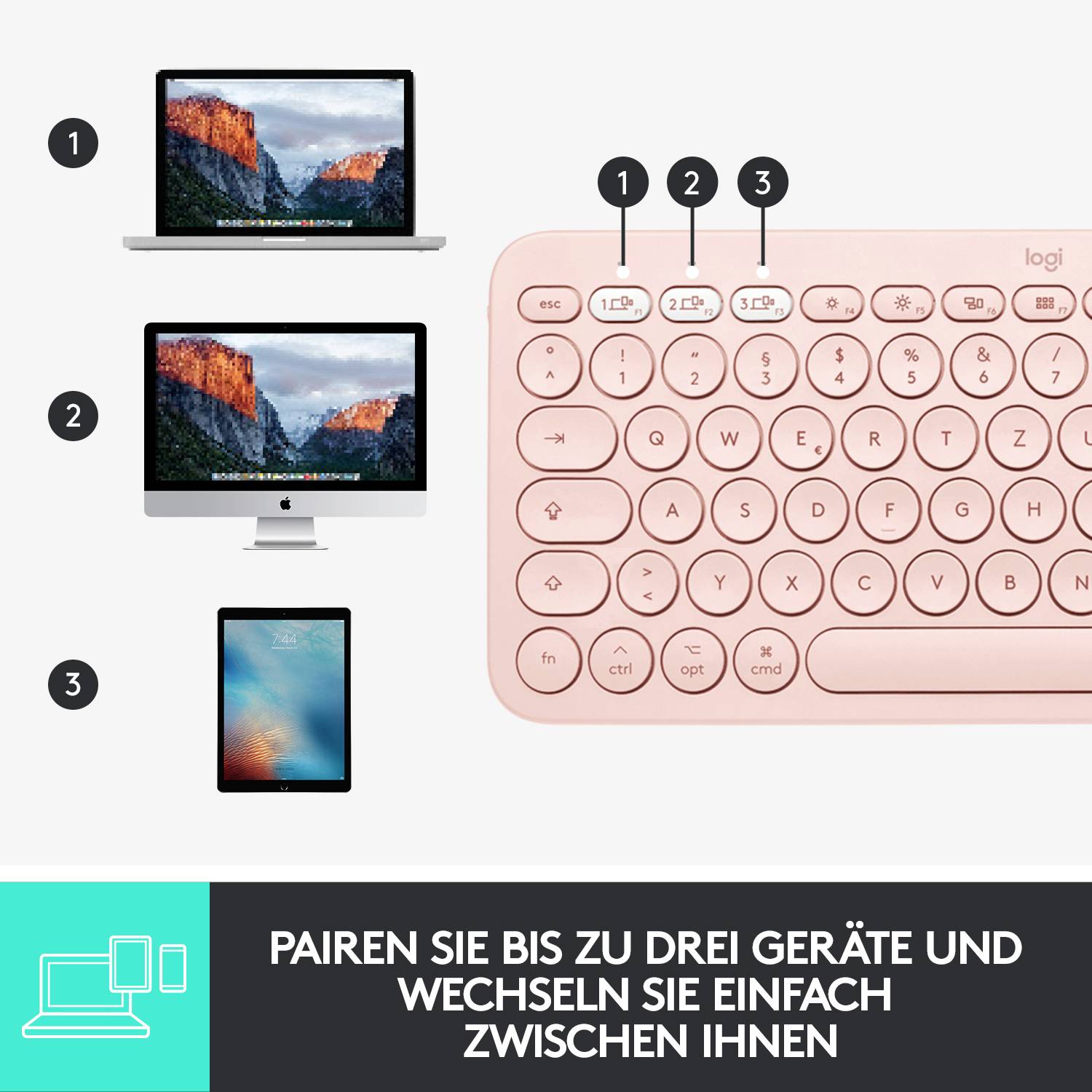 Logitech K380 Multi-Device Bluetooth® Keyboard Bluetooth® Tastatur Deutsch, QWERTZ Rose