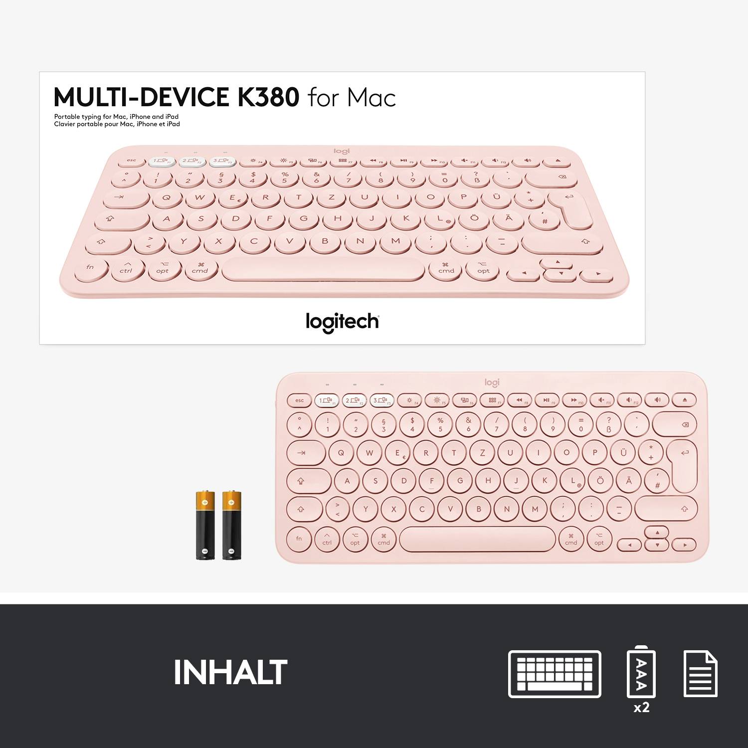 Logitech K380 Multi-Device Bluetooth® Keyboard Bluetooth® Tastatur Deutsch, QWERTZ Rose