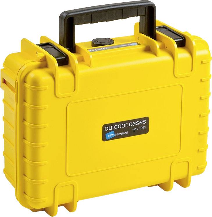 Gelber, stabiler Schutzkoffer mit Griff und schwarzem Label, das 'outdoor.cases type 1000' anzeigt. Ideal für Transport und Aufbewahrung.