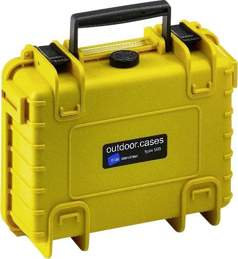 Gelber, robuster Outdoor-Koffer mit schwarzem Griff, geeignet für empfindliche Ausrüstung. Aufschrift: 'outdoor.cases type 500'.