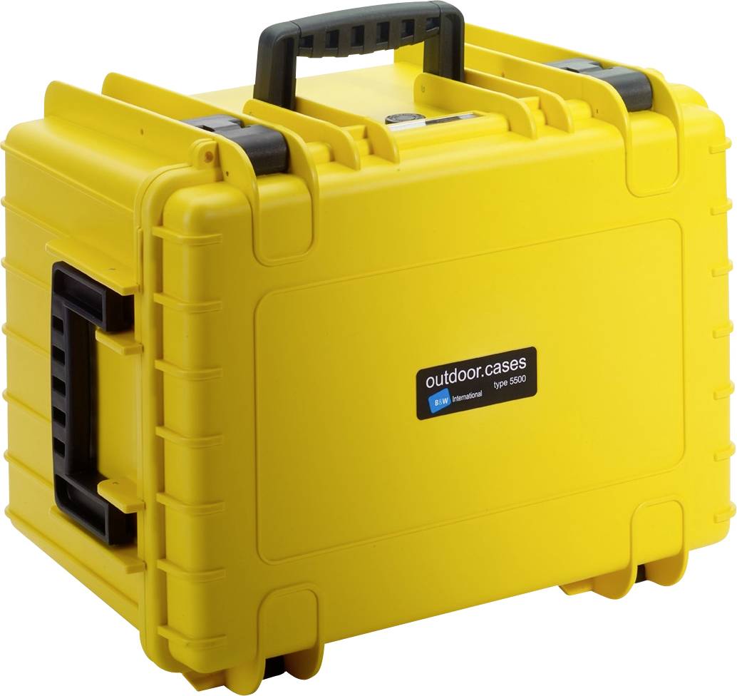 Gelber, widerstandsfähiger Transportkoffer mit Griffen und Riegeln. Aufkleber mit der Aufschrift 'outdoor.cases - type 5500' angebracht.