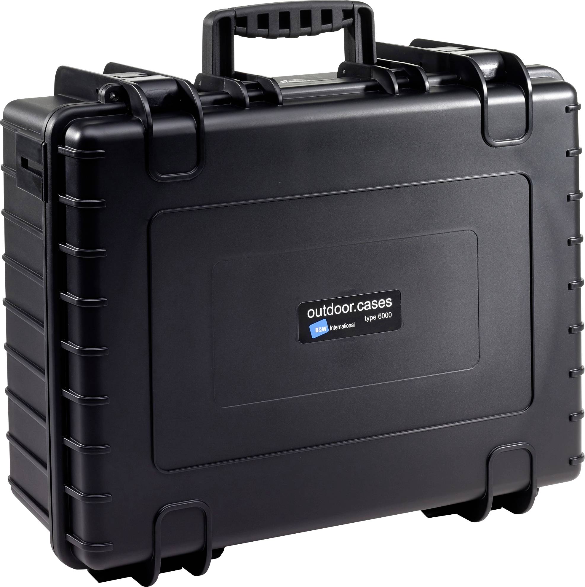Schwarzer, robuster Outdoor-Koffer mit Griff und 'outdoor.cases' Aufschrift. Ideal für sicheren Transport empfindlicher Geräte.